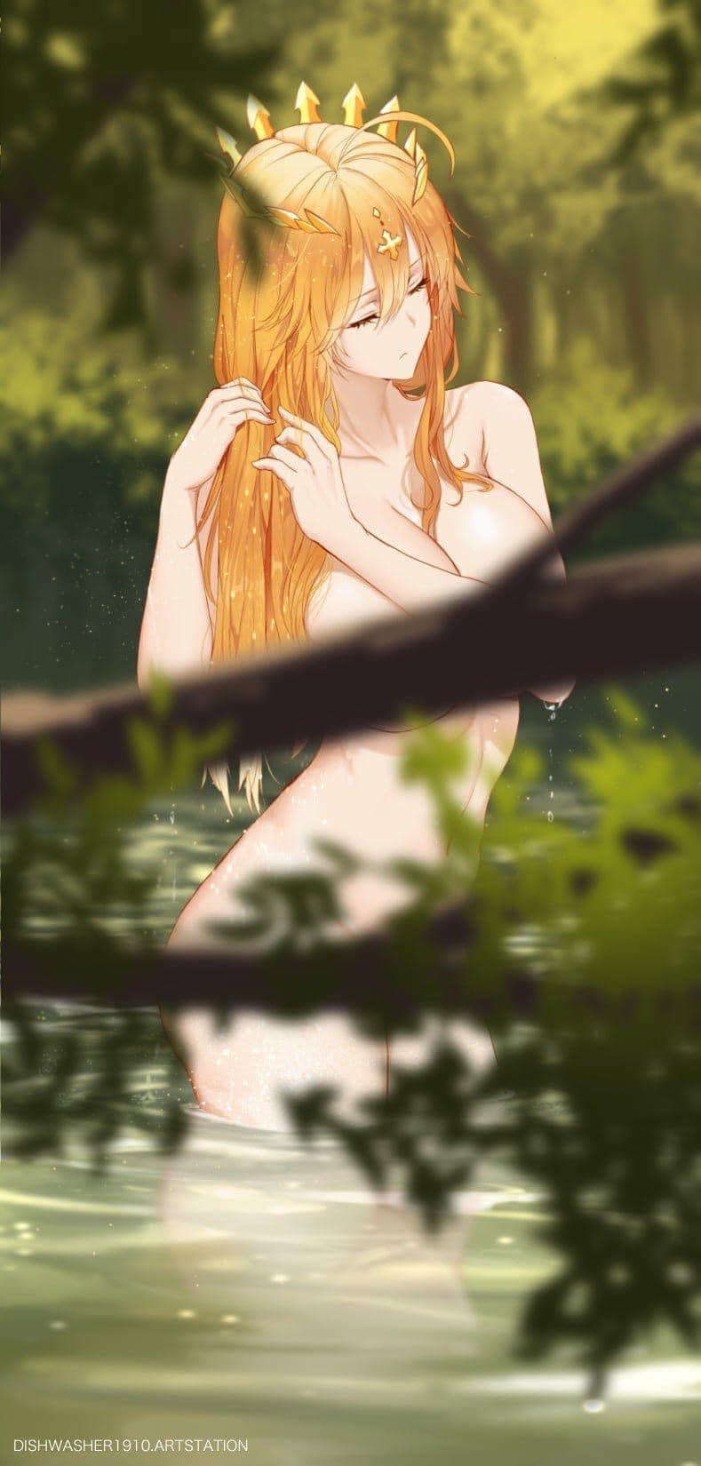 1girls, artoria pendragon, artoria pendragon (lancer), bathing in spring, big breasts, blonde hair, breasts, busty, closed eyes, crown, curvy, dishwasher1910, fate (series), fate/grand order, female, female only, huge breasts, light skin, light-skinned female, long hair, solo