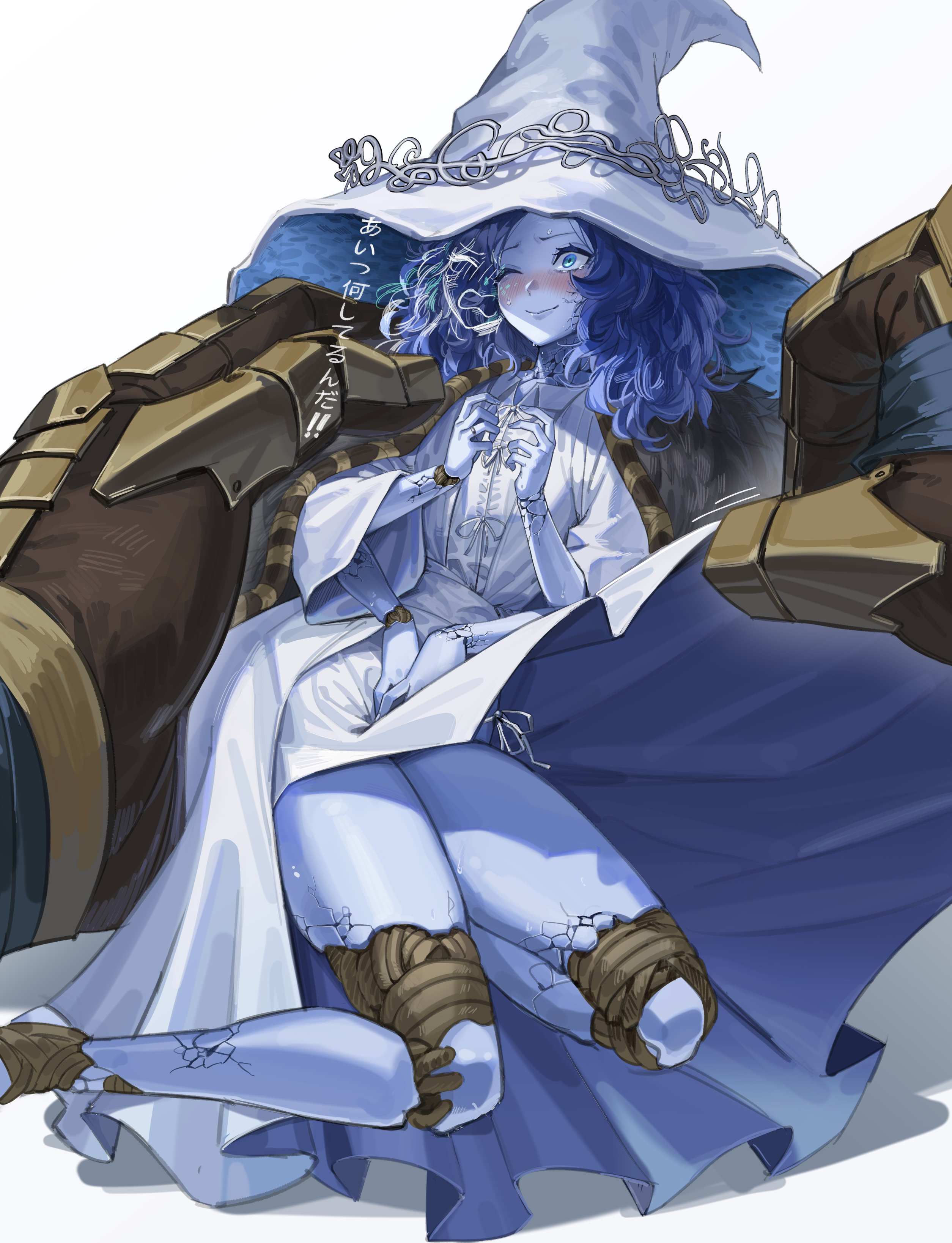 1girls, 2022, 2d, blue skin, blush, doll joints, elden ring, female, female only, fromsoftware, japanese text, legs, maenoo, miniature ranni, ranni the witch, short dress, size difference, tarnished, text, thighs, upskirt, witch hat