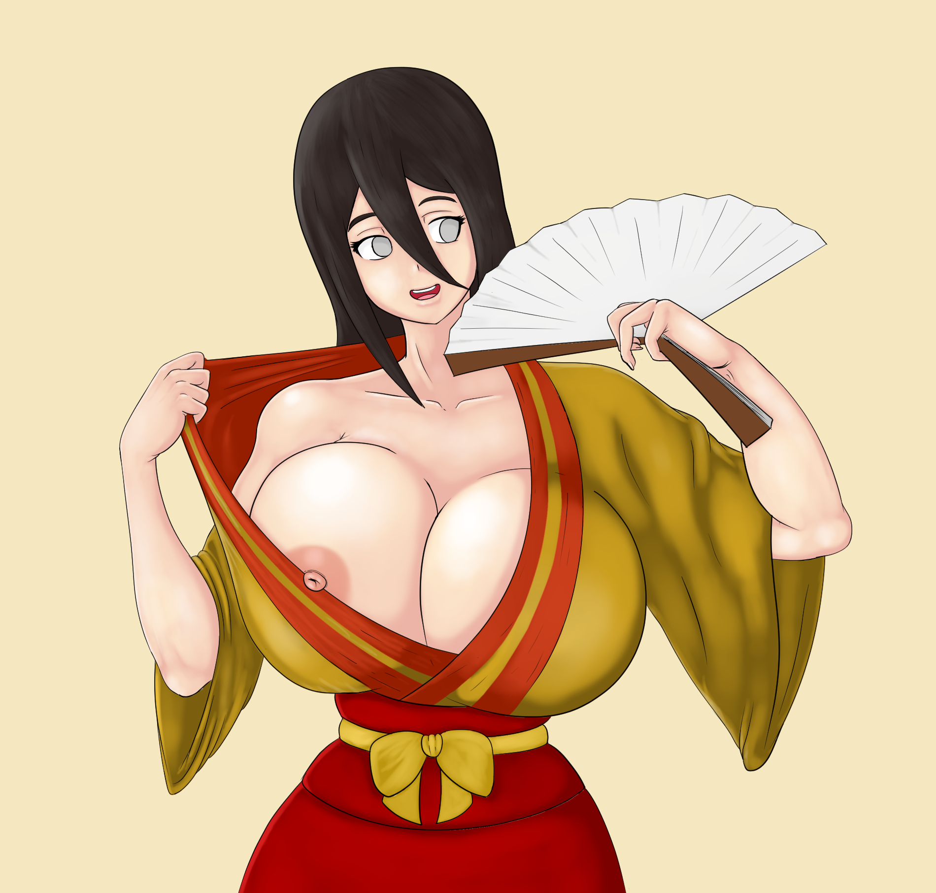 1girls, areolae, asian clothing, bare shoulders, boruto: naruto next generations, breasts, breasts out, breasts outside, brown hair, dao, erect nipples, fan, female, female focus, female only, hyuuga hanabi, large areolae, large breasts, light skin, light-skinned female, naruto, naruto (series), nipples, no bra, open mouth, pink nipples, pinup, purple eyes, shounen jump, solo, solo focus, undressing, voluptuous, wide hips, yukata