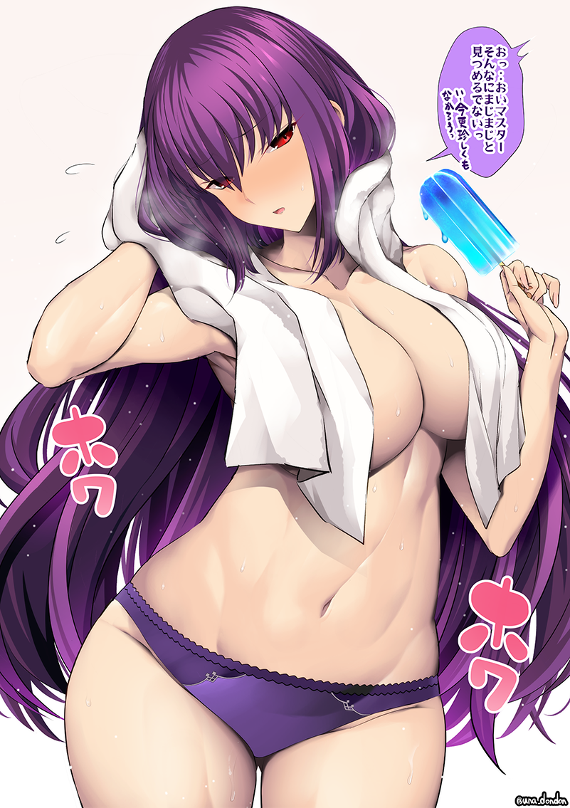 bangs bare_shoulders breasts cleavage collarbone fate/grand_order fate_(series) female female food hair_between_eyes large_breasts long_hair looking_at_viewer open_mouth panties popsicle purple_hair purple_panties red_eyes scathach_(fate) scathach_skadi_(fate) speech_bubble thighs towel translation_request unadon underwear