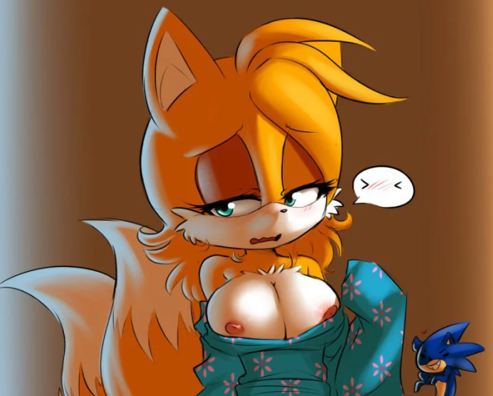 1boy 1girls 2_tails anthro areolae big_breasts black_nose blue_eyes blue_fur blue_hair blue_skin blush breasts canid canine curly_hair ellie_prower embarrassed fox fox_ears fox_girl fox_tail furry genderswap grin hearlesssoul long_hair male/female narrowed_eyes nervous nipples open_mouth rule_63 sega shading sonic_(series) sonic_the_hedgehog sonic_the_hedgehog_(series) sweater tails tailsko video_games yellow_body yellow_fur yellow_skin