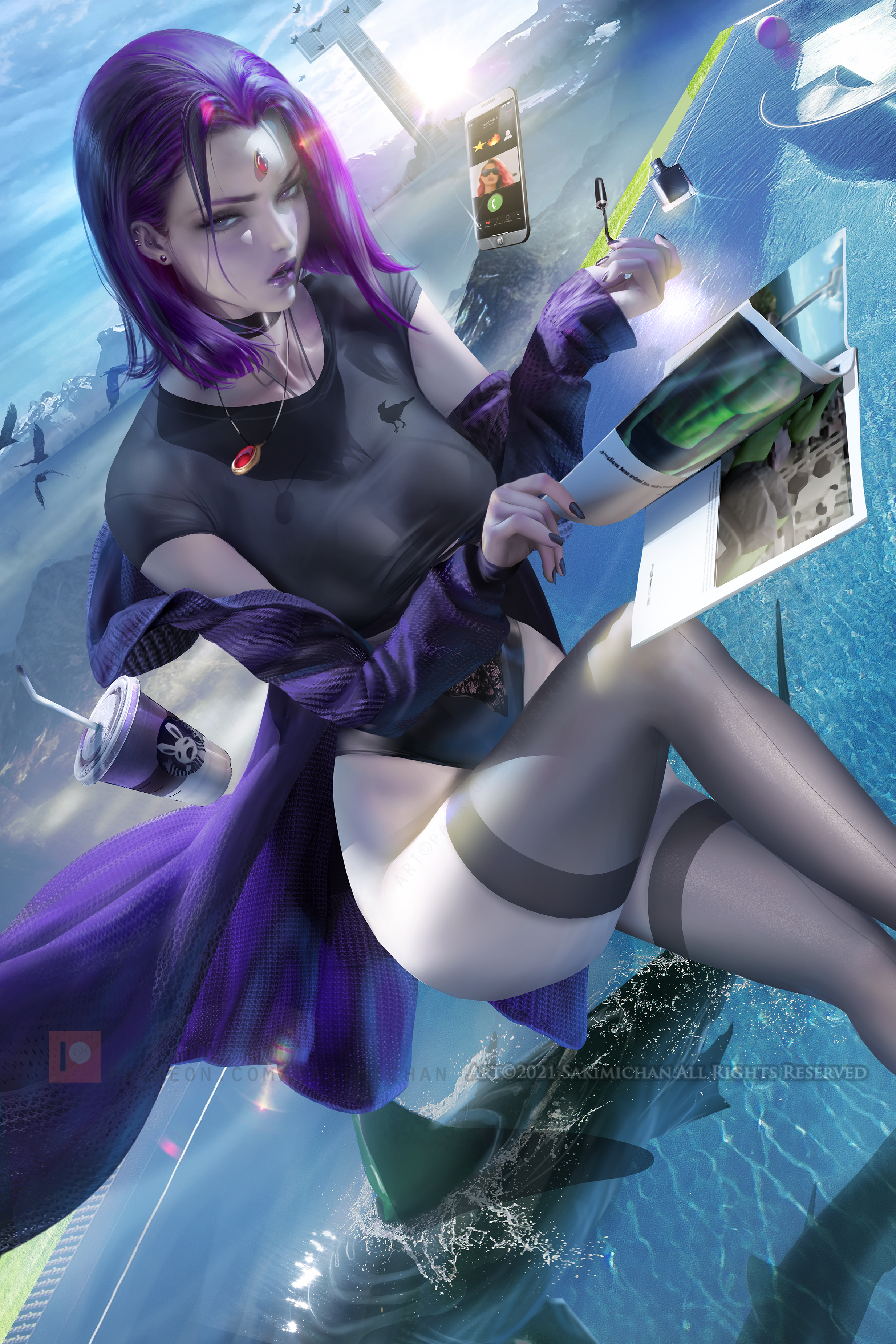 beast boy, big breasts, breasts, dc, dc comics, female, rachel roth, raven (dc), sakimichan, straight hair, teen titans, thick thighs