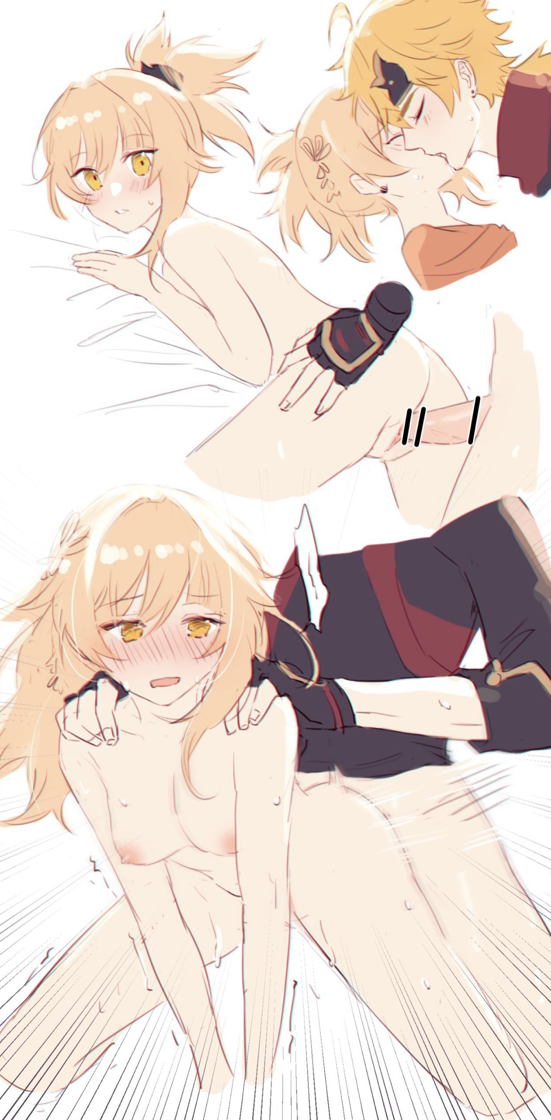 1boy, 1girls, ass, blonde hair, blush, breasts, clothed, doggy style, female, female penetrated, from behind, from behind position, genshin impact, gold eyes, k4xdkskmeonk, kissing, light skin, light-skinned female, long hair, looking back, male, male penetrating, male/female, nipples, nude, nude female, penetration, penis, pussy, sex, sex from behind, small breasts, straight, sweat, thoma (genshin impact), thrusting, tied hair, twitching, vaginal penetration, yoimiya (genshin impact)