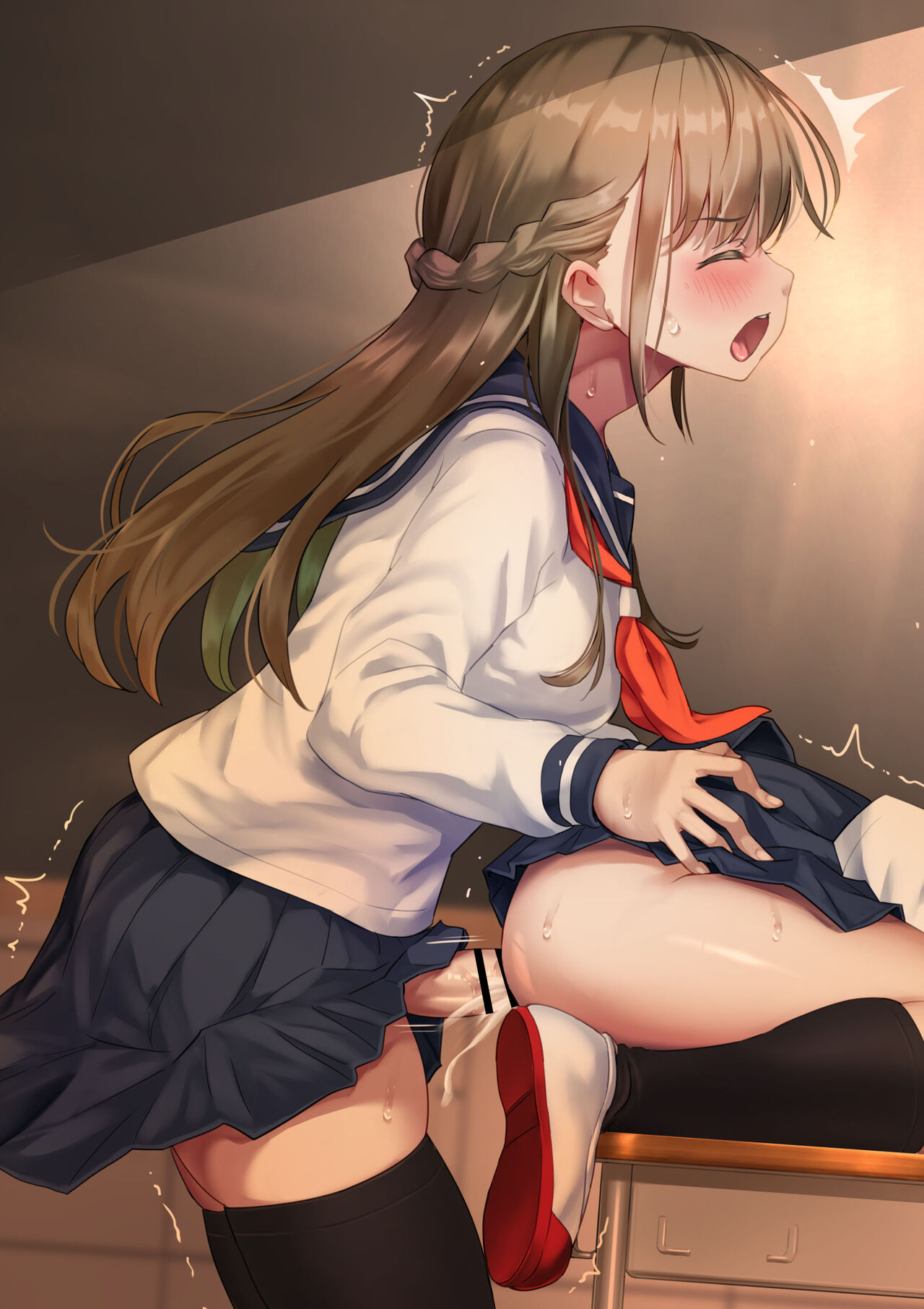 1futa, 1girls, ayanakitori, bar censor, black socks, black stockings, blonde hair, blush, boots, censored, classroom, closed eyes, cum, cum inside, cumdrip, doggy style, ejaculation, female, futa focus, futa on female, futa sans balls, futanari, heavy breathing, higher resolution available, human, intersex, legwear, light skin, light-skinned female, light-skinned futa, long hair, moan, moaning, on stomach, on table, orgasm, penis, school desk, school uniform, schoolgirl, sex, skirt, socks, solo focus, standing, stockings, sweat, table, thighhighs