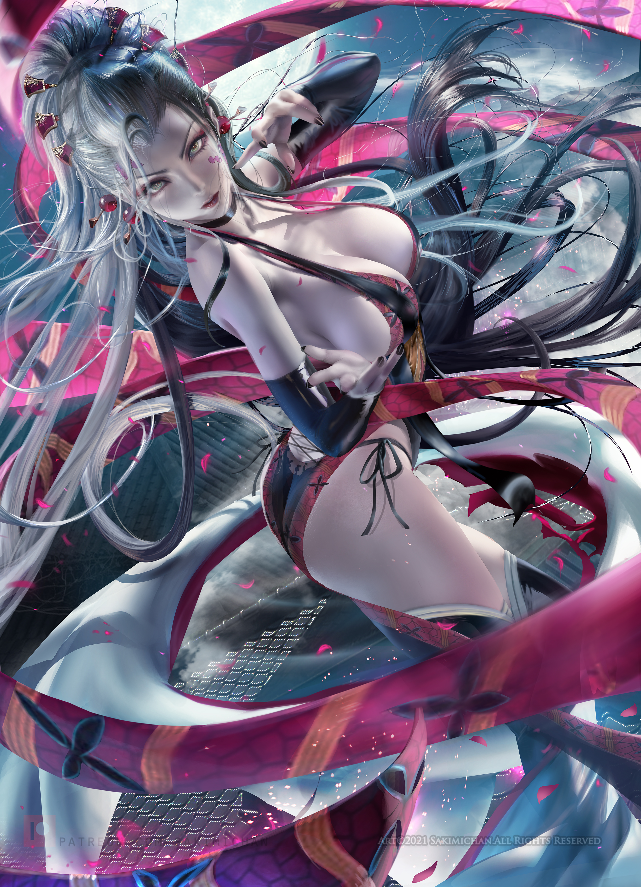 big breasts, black nails, breasts, choker, cleavage, daki (kimetsu no yaiba), demon, demon girl, demon slayer, detached sleeves, eyeshadow, facial markings, female, female only, green eyes, hair ornament, hi res, huge breasts, kimetsu no yaiba, light skin, light-skinned female, lingerie, long hair, looking at viewer, nail polish, obi, pale skin, pale-skinned female, panties, realistic, sakimichan, side-tie panties, silver hair, solo, thick thighs, thighhighs, tied hair, very long hair, white hair