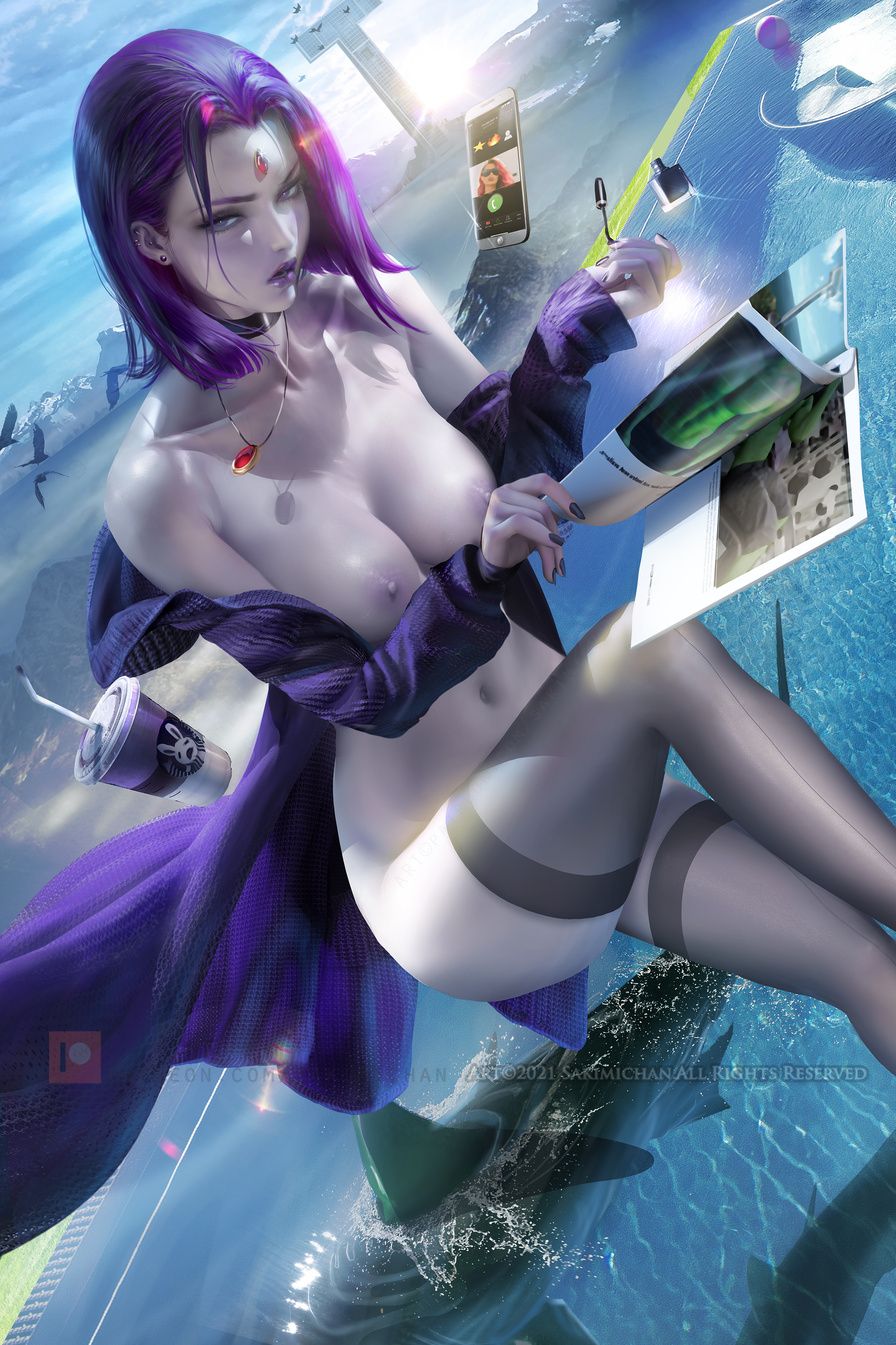 beast boy, big breasts, breasts, dc, dc comics, female, rachel roth, raven (dc), sakimichan, straight hair, teen titans, thick thighs