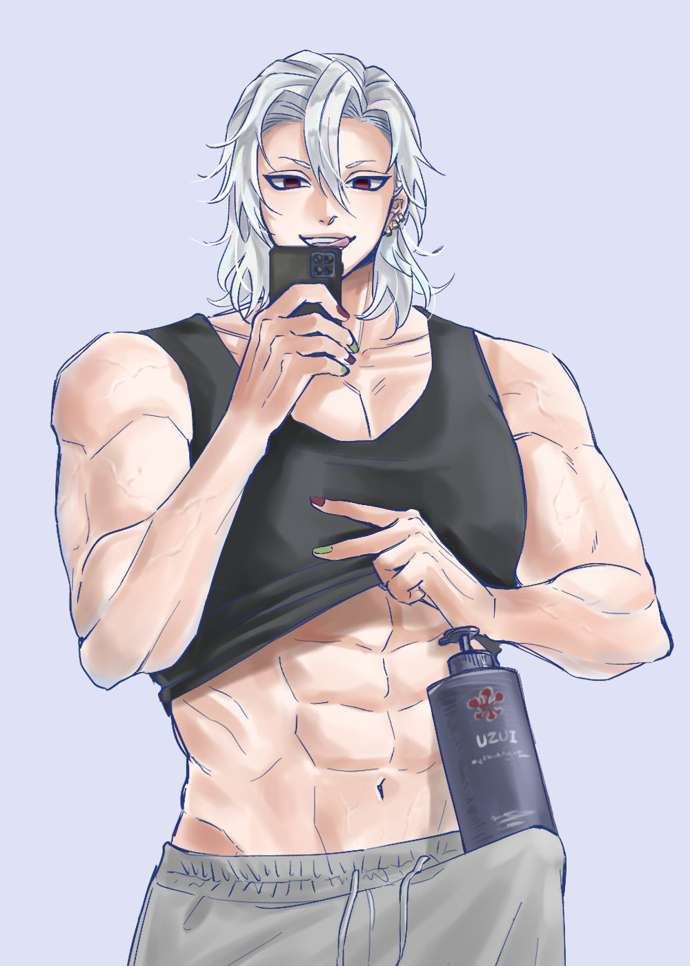 abs bulge cellphone demon_slayer erection erection_under_clothes hair_down kimetsu_no_yaiba licking_lips male male_only muscular muscular_male nail_polish phone red_eyes selfie shampoo_challenge shirt_lift silver_hair smile solo solo_male tank_top uzui_tengen