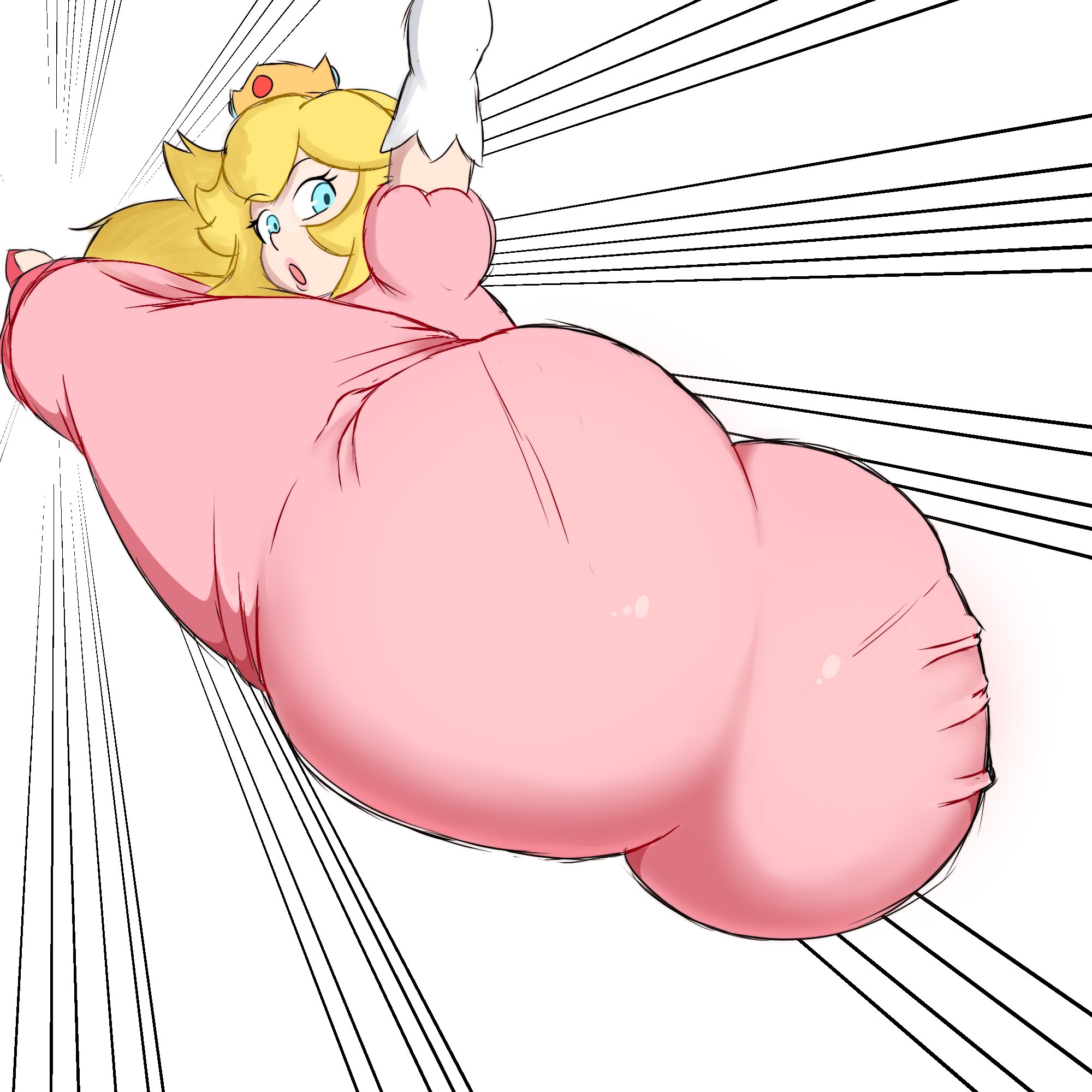 1girls, ass, ass attack, ass in dress, big ass, big butt, blonde hair, blue eyes, bubble ass, bubble butt, clothed, clothing, dress, fat ass, female, female only, full body, funny, hip attack, huge ass, large ass, looking at viewer, looking back, mario (series), motion lines, nintendo, pantylines, peach bomber, pink dress, princess peach, protorepulsive, repulsiveproto, simple background, solo, super smash bros., white background