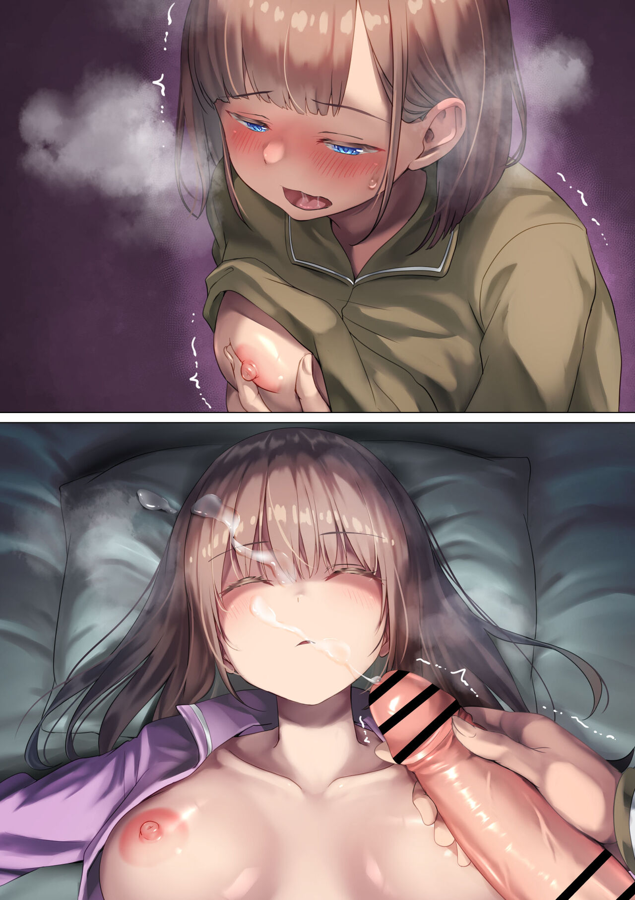 1futa, 1girls, 2koma, after masturbation, after orgasm, ayanakitori, bar censor, big breasts, big penis, blue eyes, blush, bottomless, breast grab, breasts, brown hair, censored, closed eyes, clothed, clothing, cum on face, cum on hair, duo, erection, female, futanari, handjob, heavy breathing, high-angle view, human, intersex, light skin, light-skinned female, light-skinned futa, long hair, masturbation, mostly nude, penis, pervert, short hair, sleeping, stealth masturbation, sweat, undressing