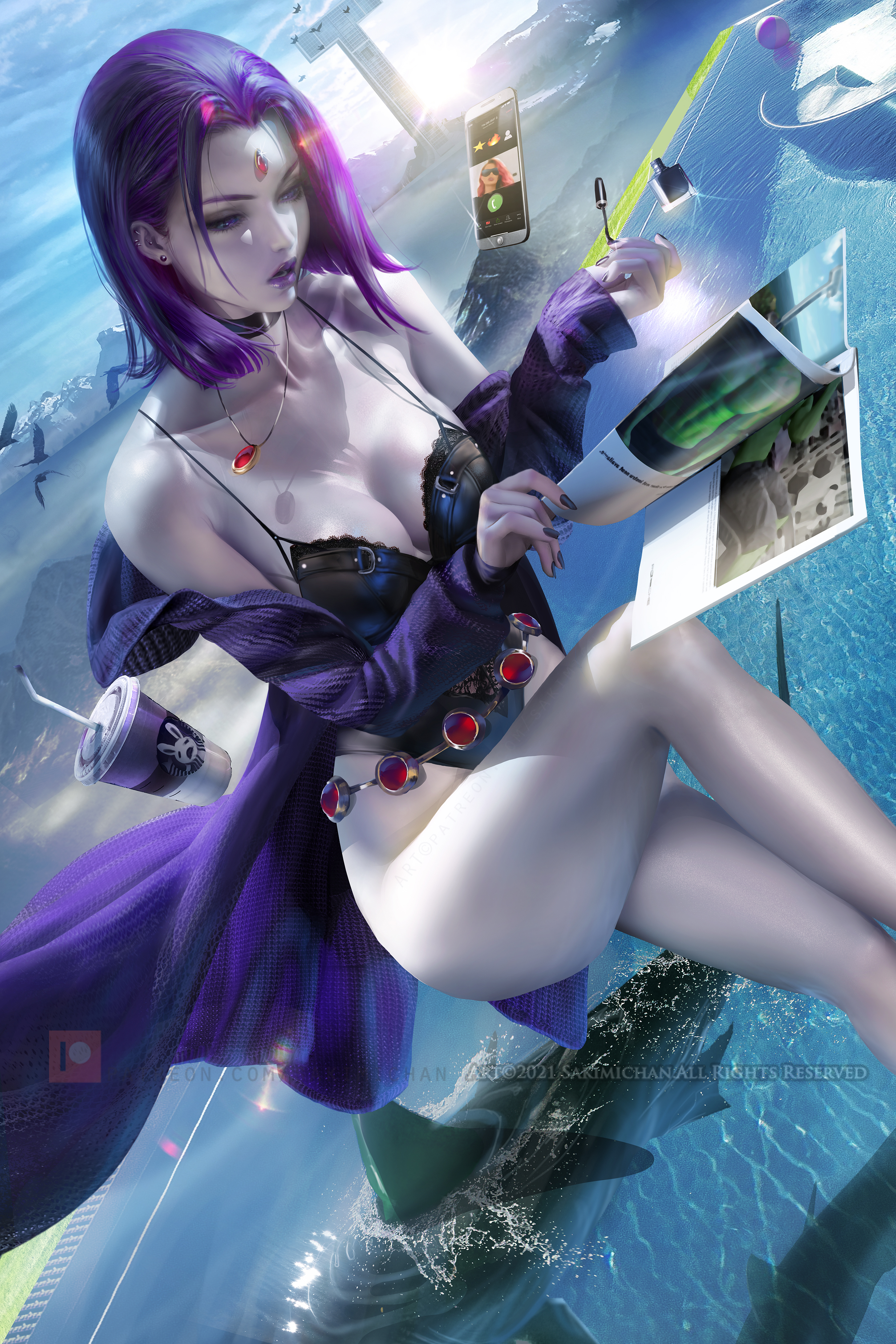 beast boy, big breasts, breasts, dc, dc comics, female, purple hair, rachel roth, raven (dc), sakimichan, straight hair, teen titans, thick thighs