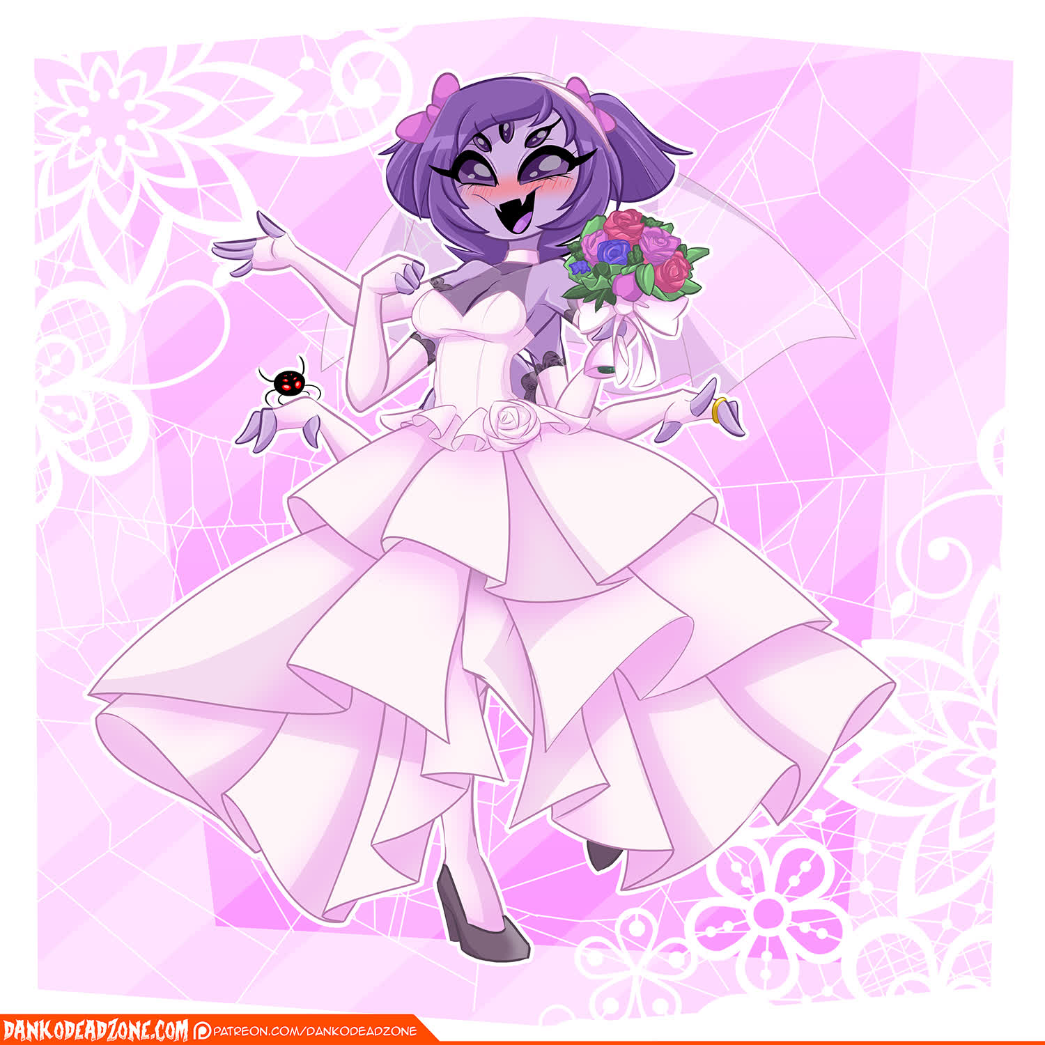 5 eyes, 6 arms, arachnid, blush, bow, breasts, cleavage, cute, cute fangs, dankodeadzone, eyelashes, female, fingerless gloves, flower, flowers, fully clothed, gloves, high heels, highres, lingerie, long gloves, muffet, multi arm, multi eye, multi limb, purple hair, spider, undertale, wedding dress, wholesome