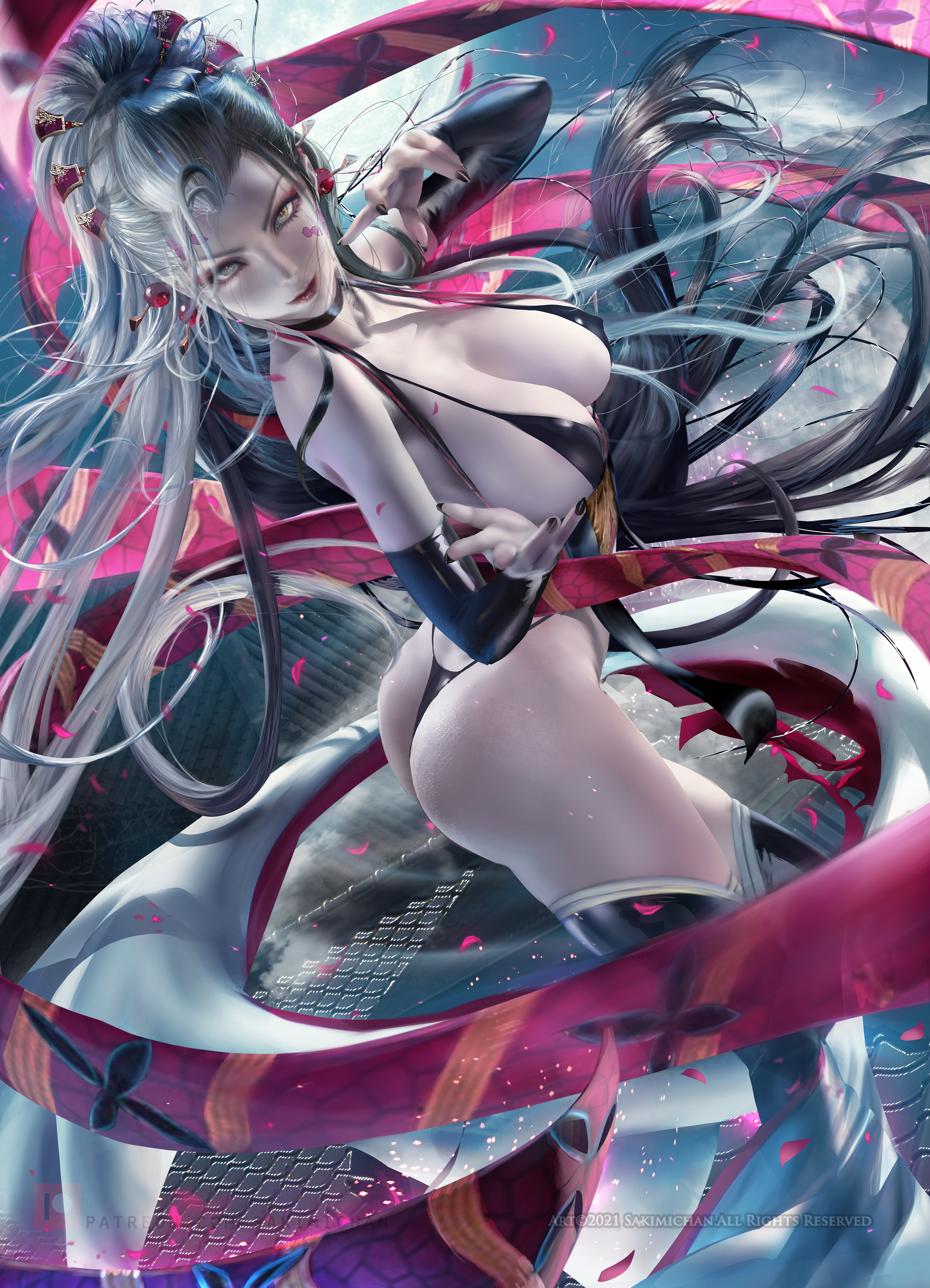 alternate costume, ass, big ass, big breasts, bikini, black bikini, black nails, breasts, choker, cleavage, daki (kimetsu no yaiba), demon, demon girl, demon slayer, detached sleeves, eyeshadow, facial markings, female, female only, green eyes, hair ornament, hi res, huge breasts, kimetsu no yaiba, light skin, light-skinned female, long hair, looking at viewer, nail polish, nipple bulge, obi, pale skin, pale-skinned female, realistic, sakimichan, sideboob, silver hair, solo, swimsuit, thick thighs, thighhighs, thong, tied hair, very long hair, white hair