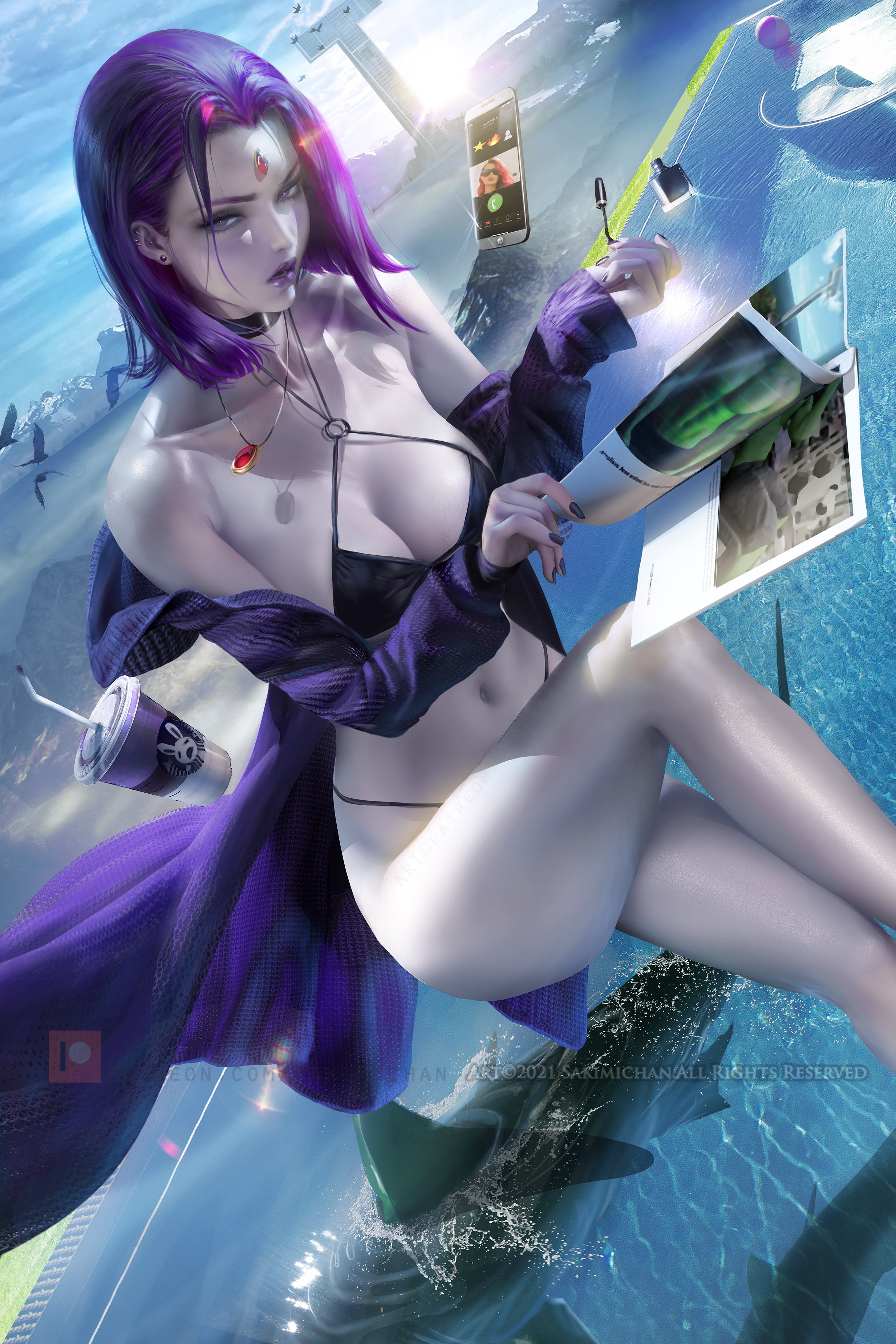 1girls, beast boy, big breasts, breasts, dc, dc comics, female, purple hair, rachel roth, raven (dc), sakimichan, smooth skin, teen titans, thick thighs