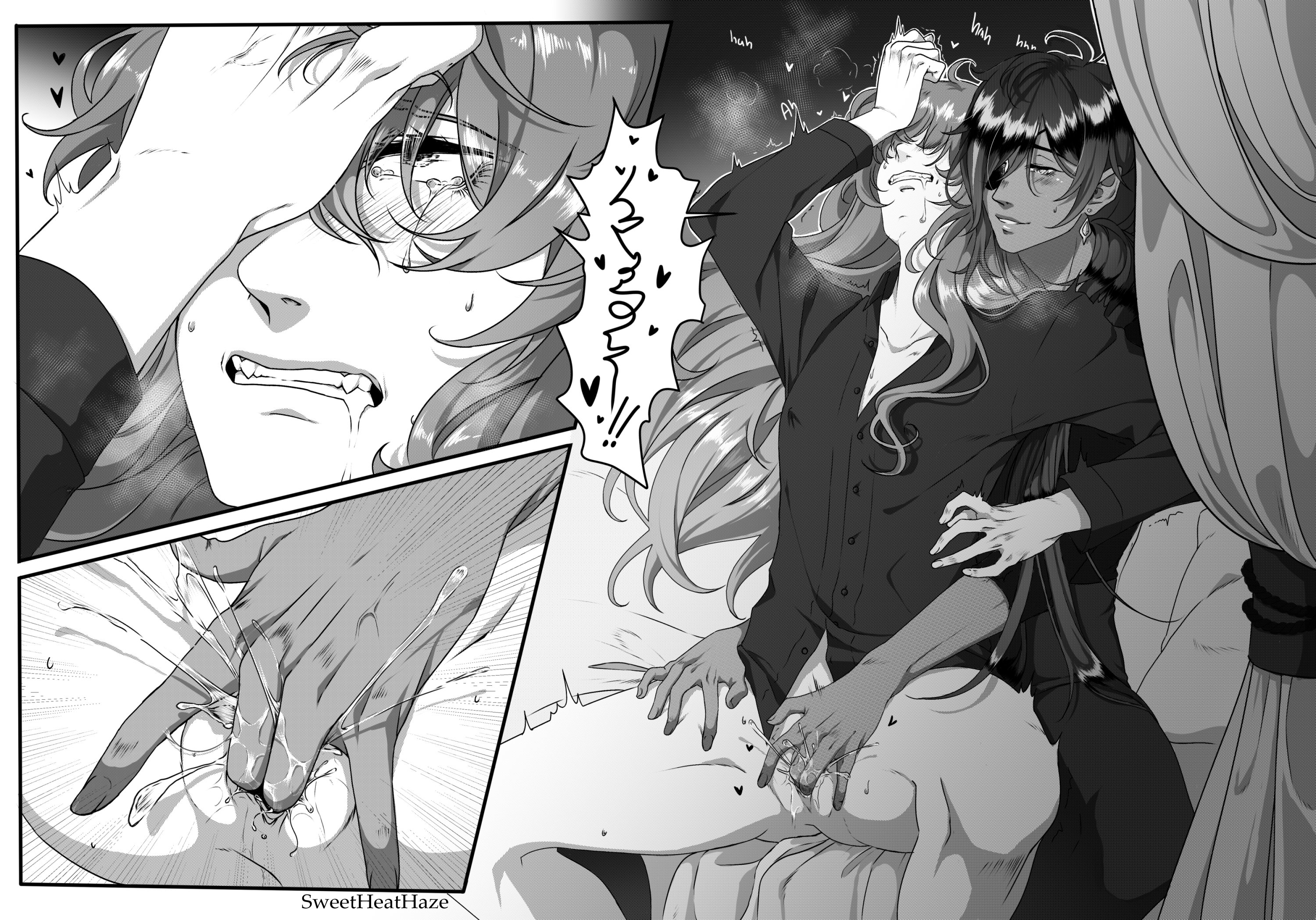 adoptive siblings, bishonen, blush, cuntboy, diluc (genshin impact), drooling, eyepatch, finger fuck, fingering, genshin impact, heart, incest, intersex, kaeya (genshin impact), moaning, monochrome, partially clothed, pleasure face, pussy, pussy juice, rule 63, squirting, sweetheathaze, tears of pleasure, trembling, vaginal juices