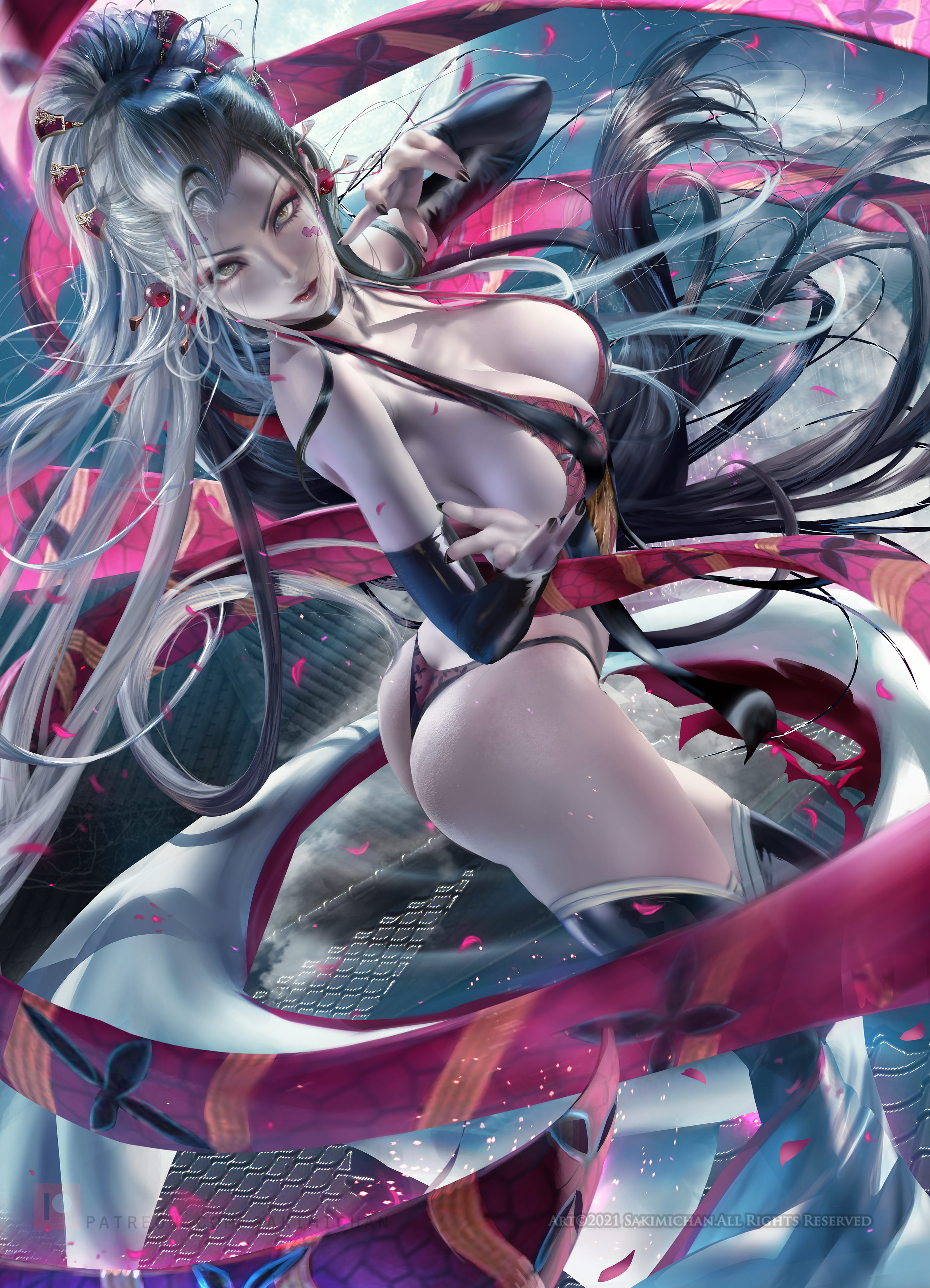 big breasts, black nails, breasts, choker, cleavage, daki (kimetsu no yaiba), demon, demon girl, demon slayer, detached sleeves, eyeshadow, facial markings, female, female only, green eyes, hair ornament, hi res, huge breasts, kimetsu no yaiba, light skin, light-skinned female, lingerie, long hair, looking at viewer, nail polish, obi, pale skin, pale-skinned female, panties, realistic, sakimichan, sideboob, silver hair, solo, thick thighs, thighhighs, thong, tied hair, very long hair, white hair