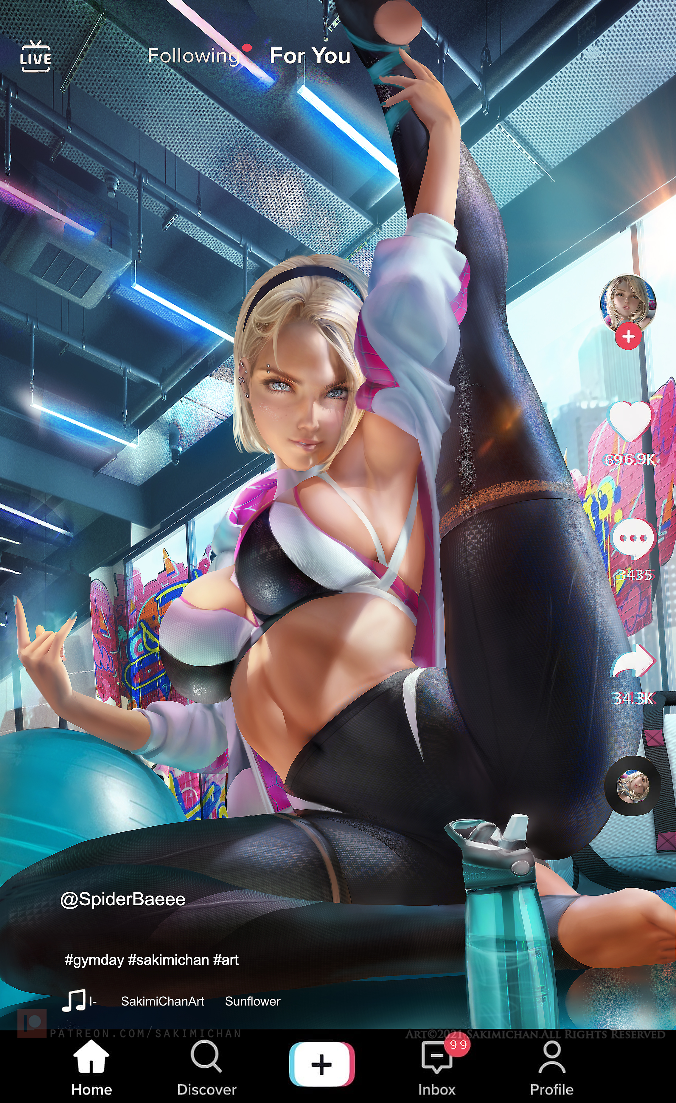 big breasts, breasts, eyebrow piercing, female, flexible, gwen stacy, hairband, marvel, marvel comics, sakimichan, spider-gwen, thick thighs, thighs