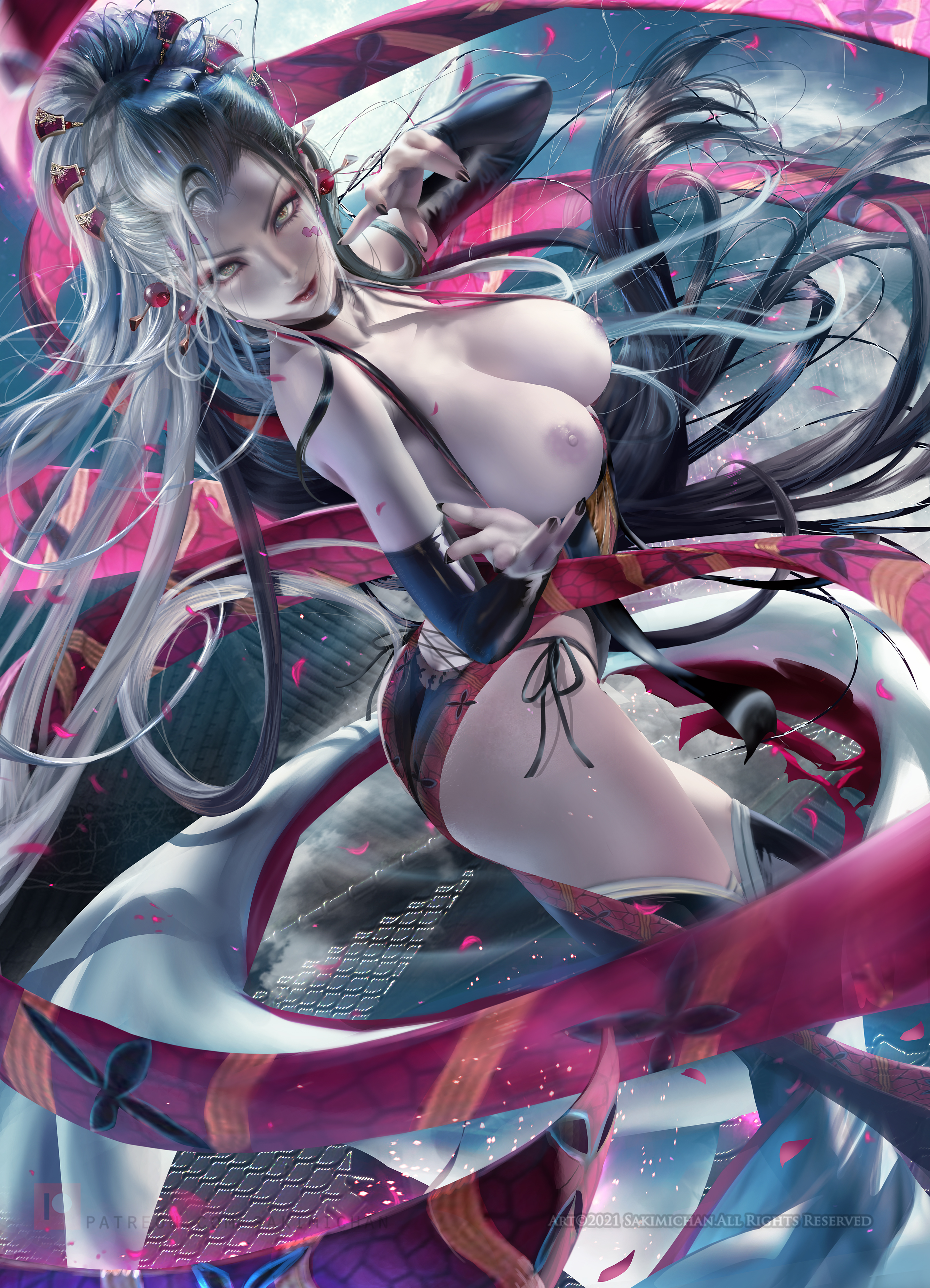 ass, big ass, big breasts, black nails, breasts, breasts out, choker, cleavage, daki (kimetsu no yaiba), demon, demon girl, demon slayer, detached sleeves, eyeshadow, facial markings, female, female only, green eyes, hair ornament, hi res, huge breasts, kimetsu no yaiba, light skin, light-skinned female, long hair, looking at viewer, nail polish, nipples, obi, pale skin, pale-skinned female, panties, realistic, sakimichan, side-tie panties, silver hair, solo, thick thighs, thighhighs, thong, tied hair, very long hair, white hair