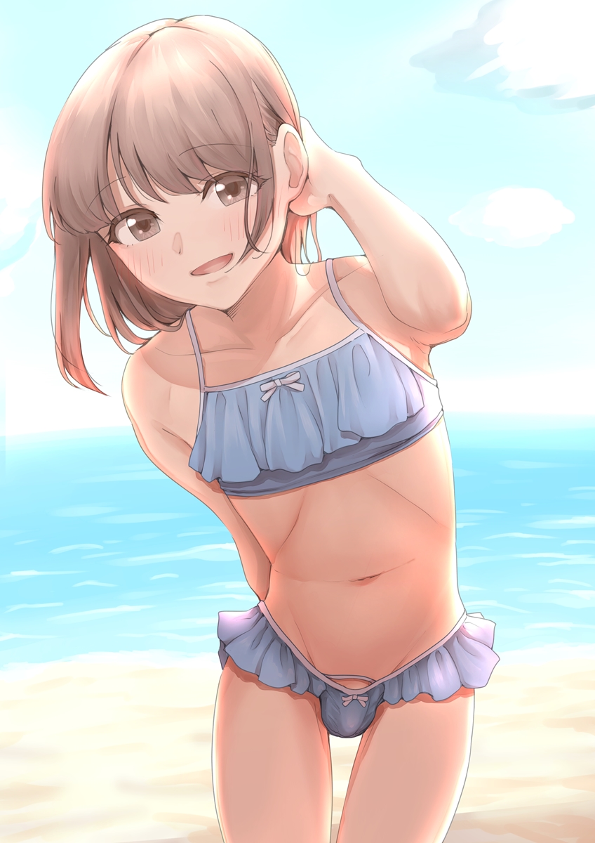 1boy 1femboy 2020 arm_behind_back arm_up armpits ball_bulge beach bikini blue_bikini blush brown_eyes brown_hair bulge cloud crossdressing crossdressing_male cute cute_face eyebrows_visible_through_hair femboy feminine_male frilled_bikini frills girly girly_boy hand_on_head head_tilt highres hokuro_ryuuseigun leaning_forward looking_at_viewer male_only matching_hair/eyes momo_(hokuro_ryuuseigun) ocean open_mouth original otoko_no_ko otokonoko sand sissy sky small_penis smile solo standing swimsuit thighs tongue trap water