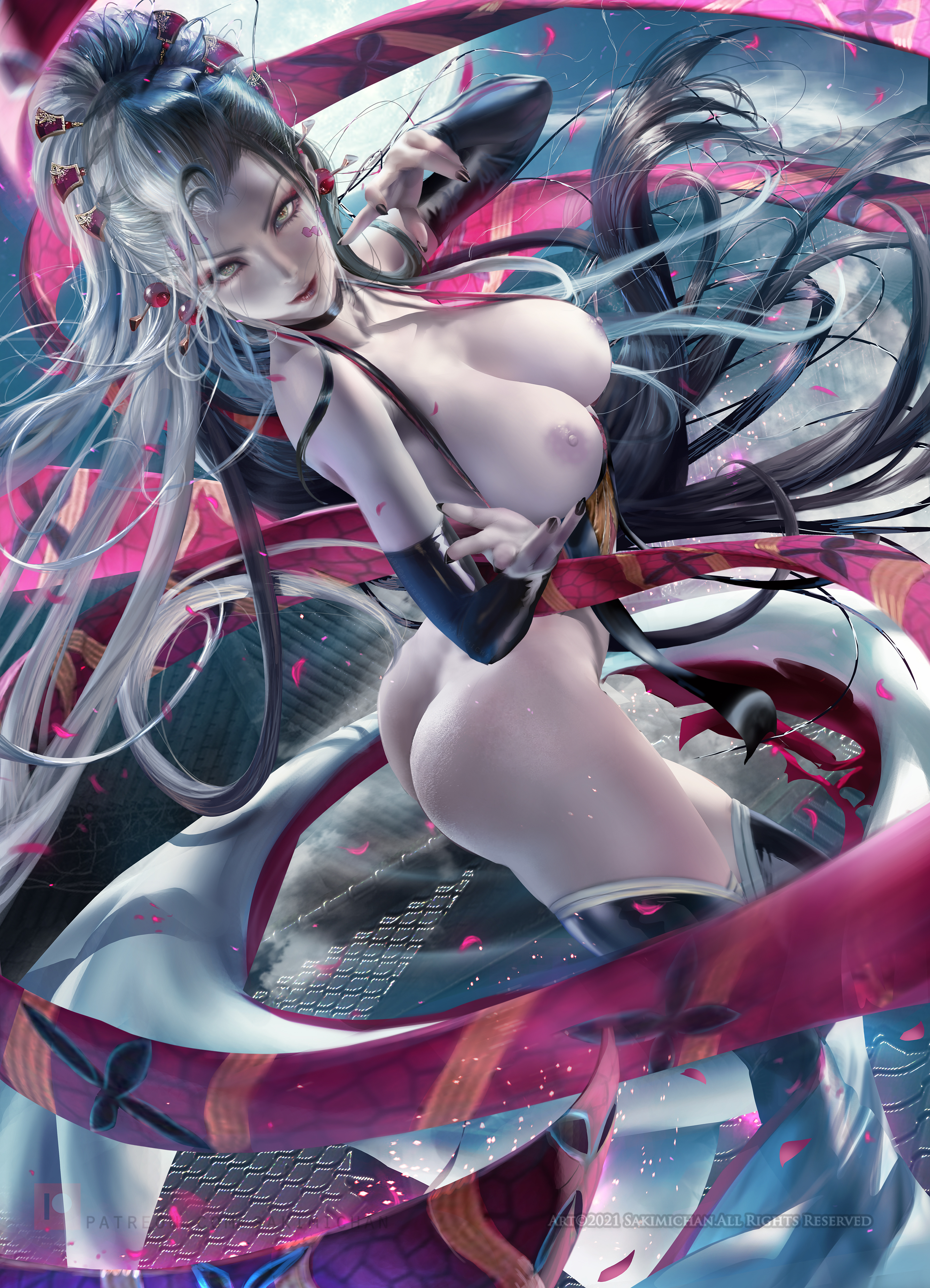 ass, big ass, big breasts, black nails, bottomless, breasts, breasts out, choker, cleavage, daki (kimetsu no yaiba), demon, demon girl, demon slayer, detached sleeves, eyeshadow, facial markings, female, female only, functionally nude, green eyes, hair ornament, hi res, highres, huge breasts, kimetsu no yaiba, light skin, light-skinned female, long hair, looking at viewer, nail polish, nipples, nude, obi, pale skin, pale-skinned female, realistic, sakimichan, silver hair, solo, thick thighs, thighhighs, thong, tied hair, very long hair, white hair
