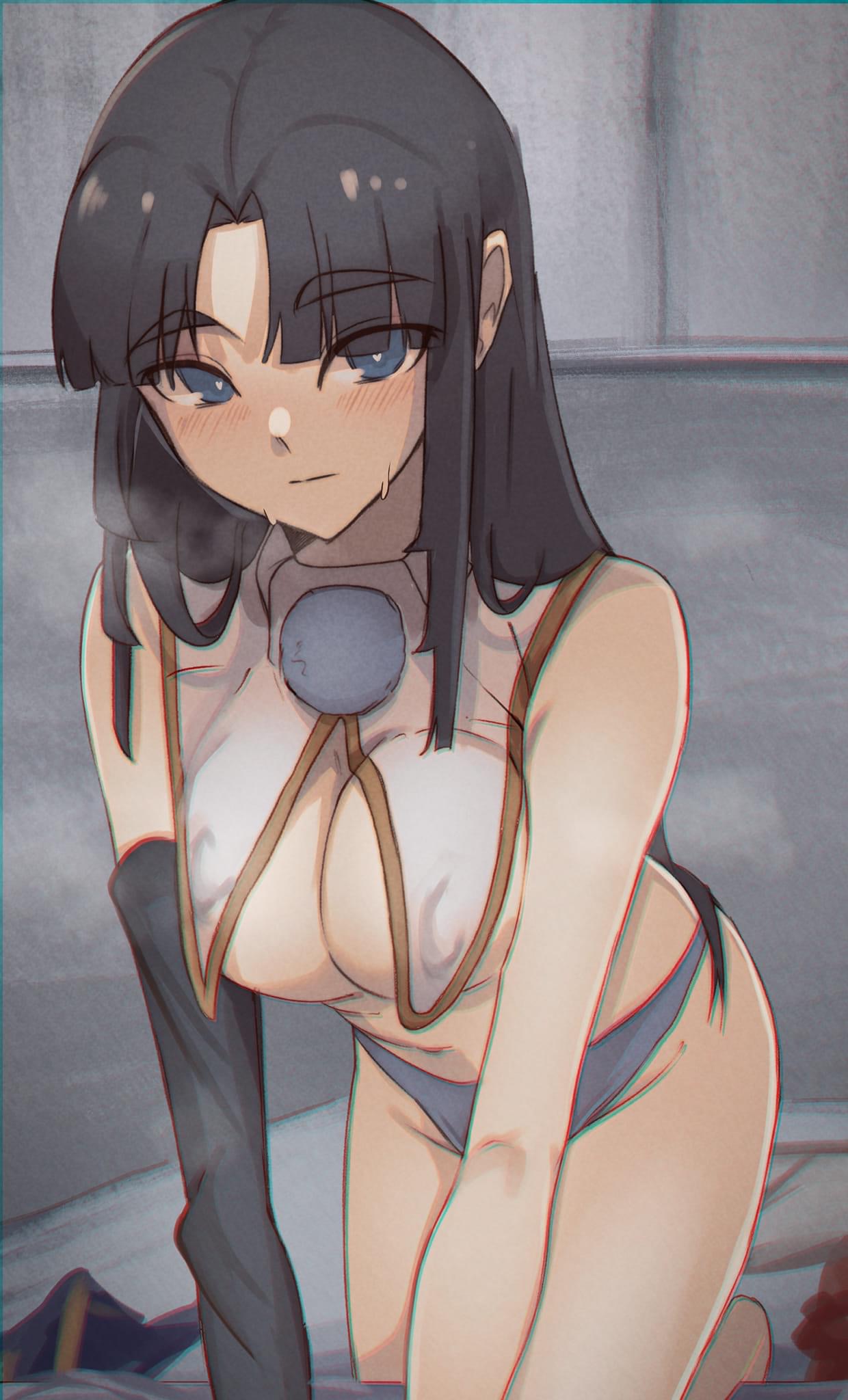bed, bedroom, black eyebrows, black hair, blue eyes, blush, breasts, eyebrows, eyebrows visible through hair, fate (series), fate/grand order, female, heart-shaped pupils, mound of venus, no bra, no bra under clothes, ushiwakamaru (fate/grand order), white pupils