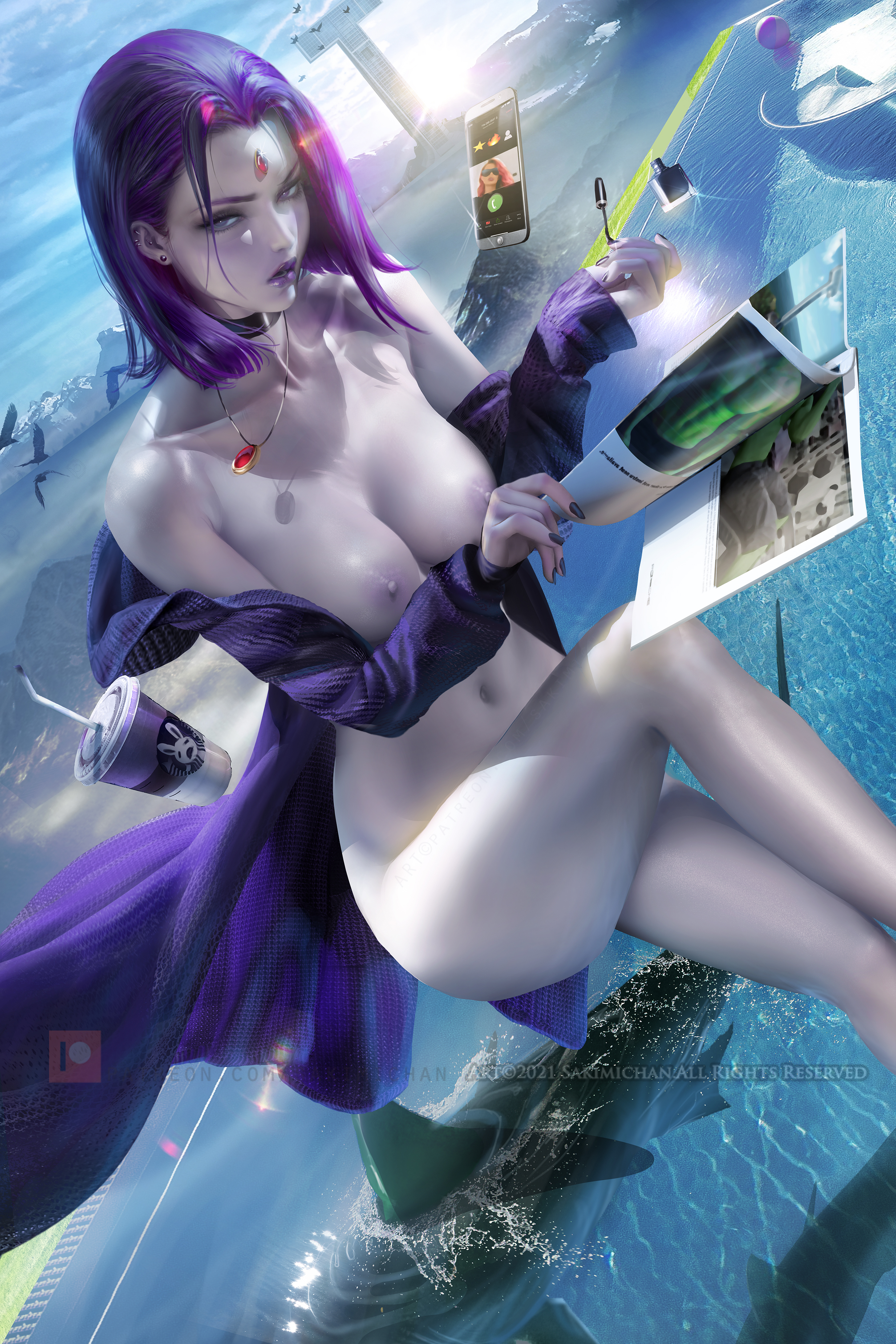 1girls, beast boy, big breasts, breasts, casual, cellphone, choker, clothing, dc, dc comics, electronics, female, highres, human, light skin, light-skinned female, lipstick, looking at viewer, nonsexual, nonsexual nudity, nude, outerwear, pale skin, pale-skinned female, phone, purple eyes, purple hair, purple lipstick, rachel roth, raven (dc), sakimichan, smooth skin, teen titans, thick thighs, watermark