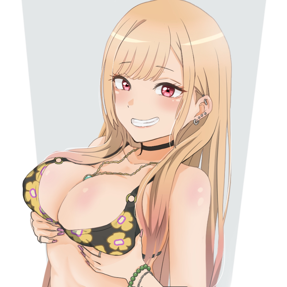 blonde hair, breasts, choker, female, female only, gyaru, kitagawa marin, long fingernails, looking at viewer, ring, shak, smile, solo, sono bisque doll wa koi wo suru