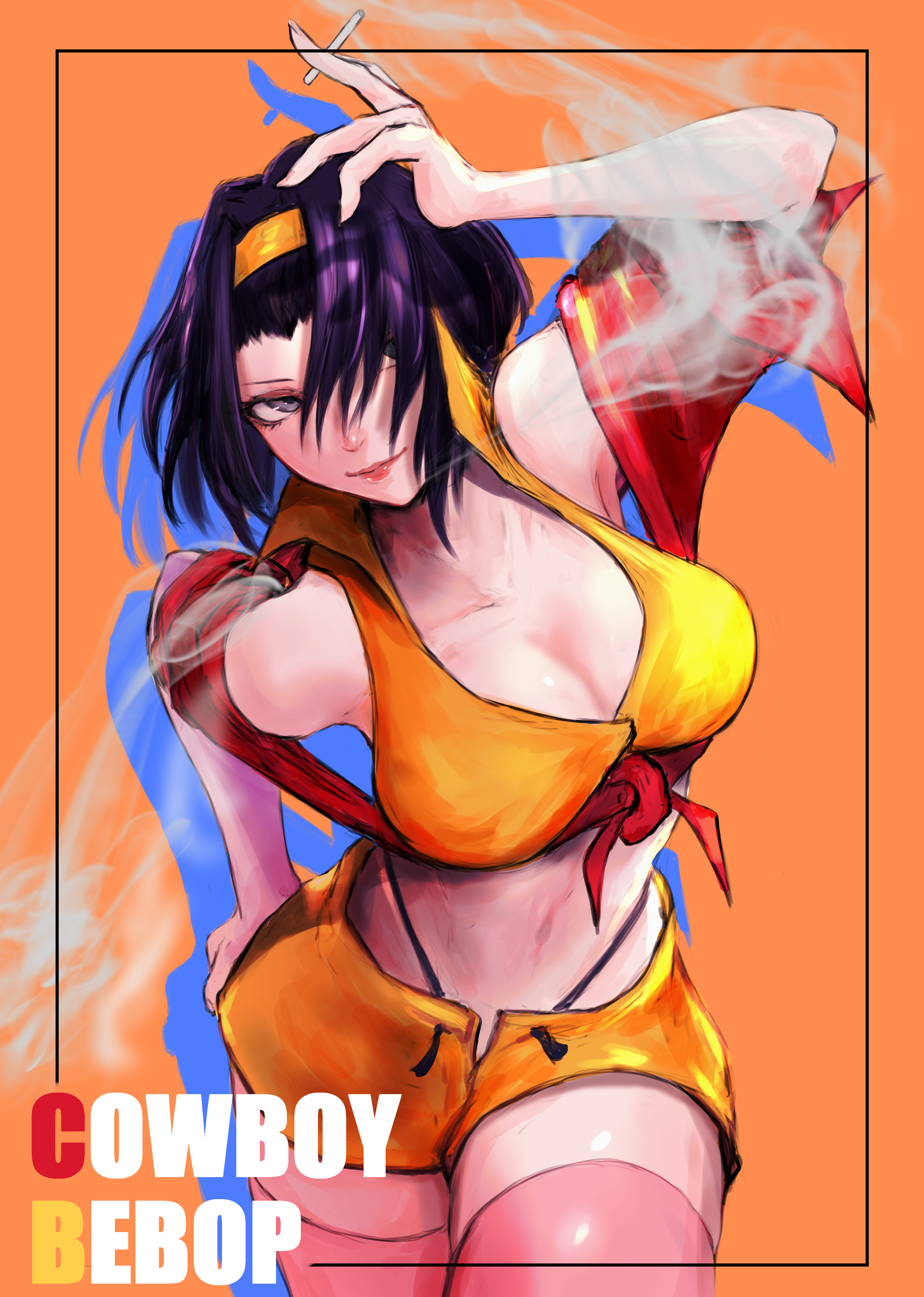 1girls, 2d, abs, breasts, cleavage, cowboy bebop, faye valentine, female, female only, hairband, human, large breasts, light skin, light-skinned female, pale skin, pale-skinned female, purple hair, short hair, ユー.
