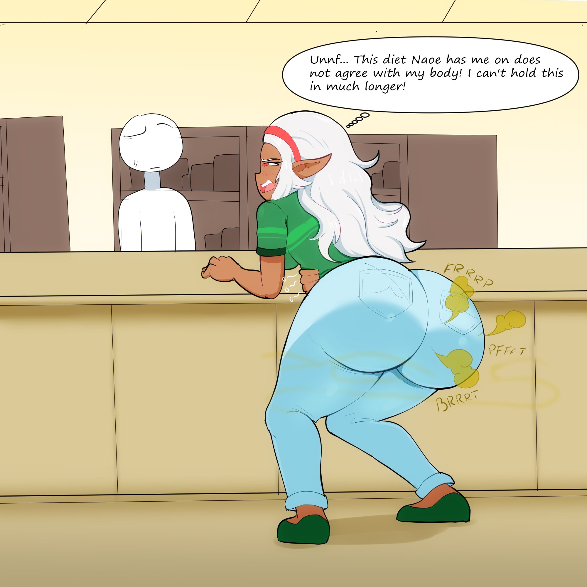 1girls, ass, big ass, brap, dark skin, dark-skinned female, elf ears, elf-san wa yaserarenai, fart, female, fetish, jeans, kuroeda, pointy ears, protorepulsive, repulsiveproto