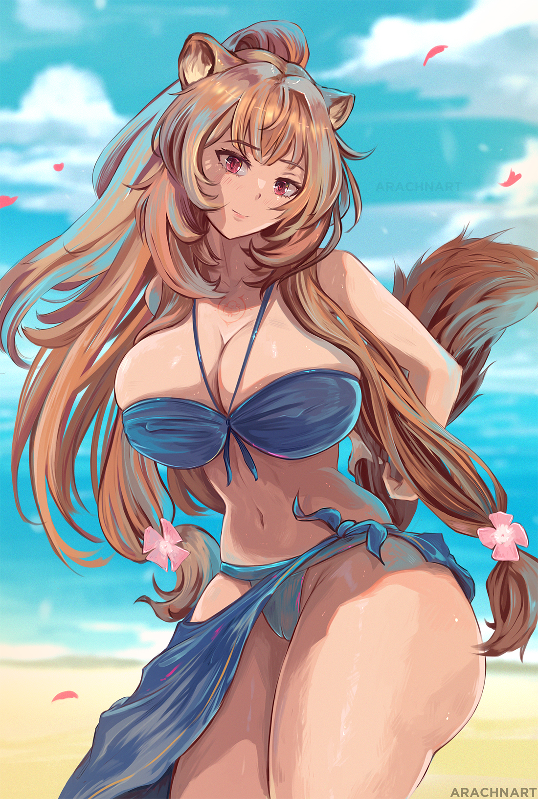 1girls, 2022, arachnart, artist signature, beach, belly button, bikini, blue bikini, brown hair, female, female only, hi res, hips, long hair, looking at viewer, outdoors, raccoon ears, raccoon girl, raccoon tail, raphtalia, red eyes, slim waist, smile, swimsuit, tate no yuusha no nariagari, thick thighs, thighs, wide hips