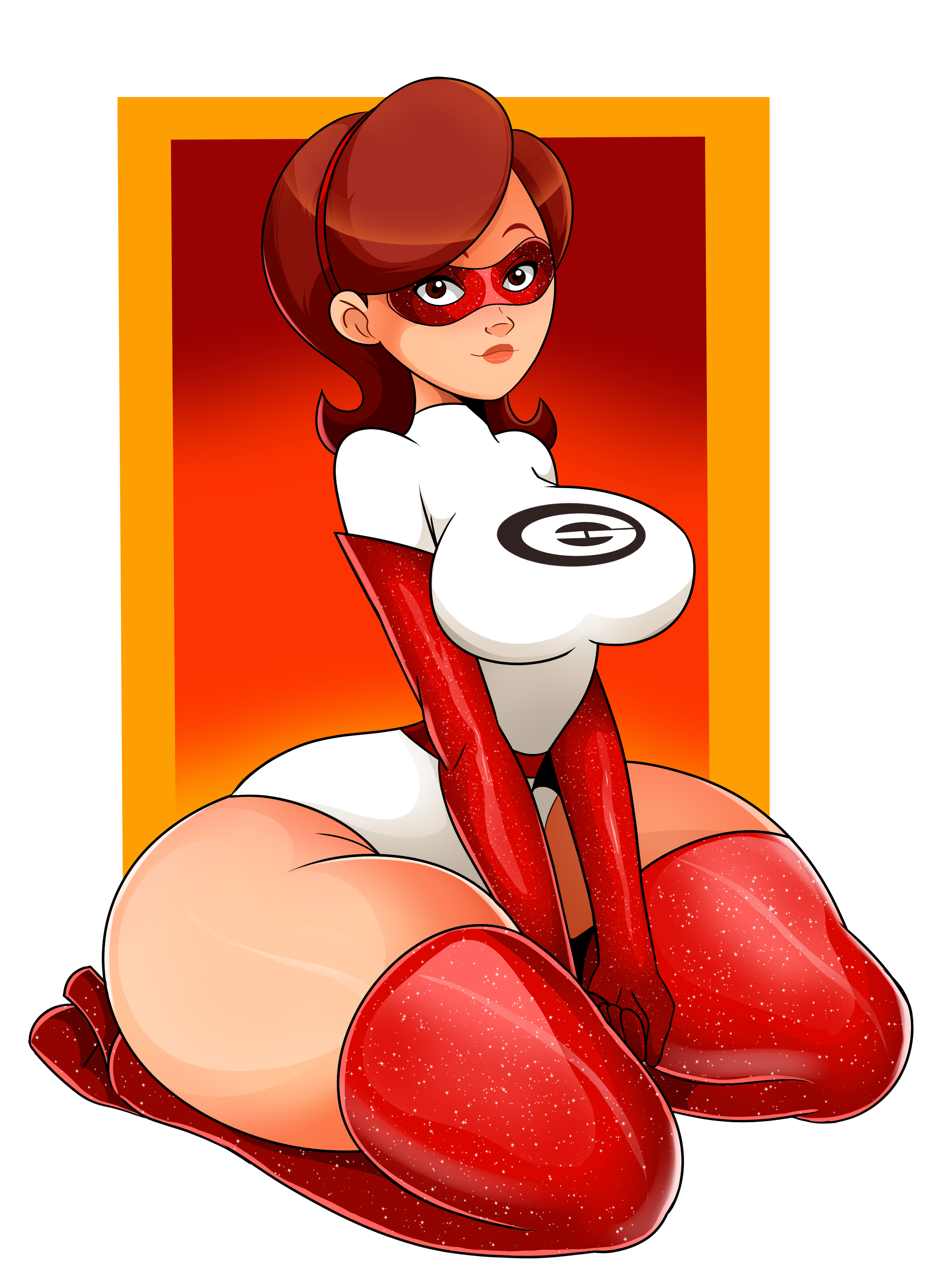 1girls, alternate costume, big breasts, breasts, disney, elastigirl, elastigirl (original supersuit), female, female only, helen parr, light skin, light-skinned female, on knees, pixar, solo, sonson-sensei, superheroine, the incredibles, thick thighs, thunder thighs, wide hips, younger