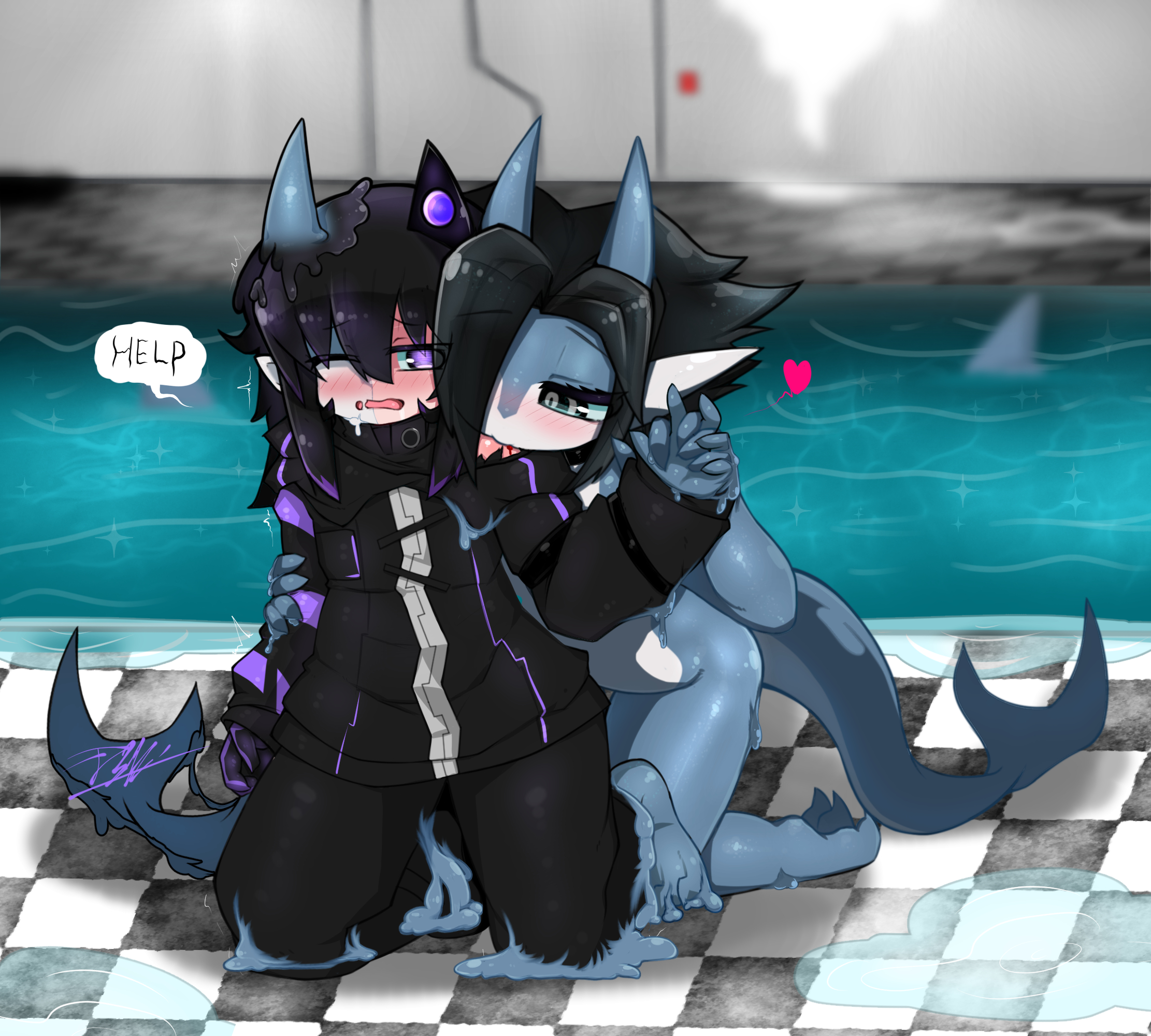 bite, black hair, changed (video game), cuntboy, denva, denva9, furry, goo, goo creature, intersex, male, male focus, male only, male/male, original character, rape, shark humanoid, tail, text, transformation