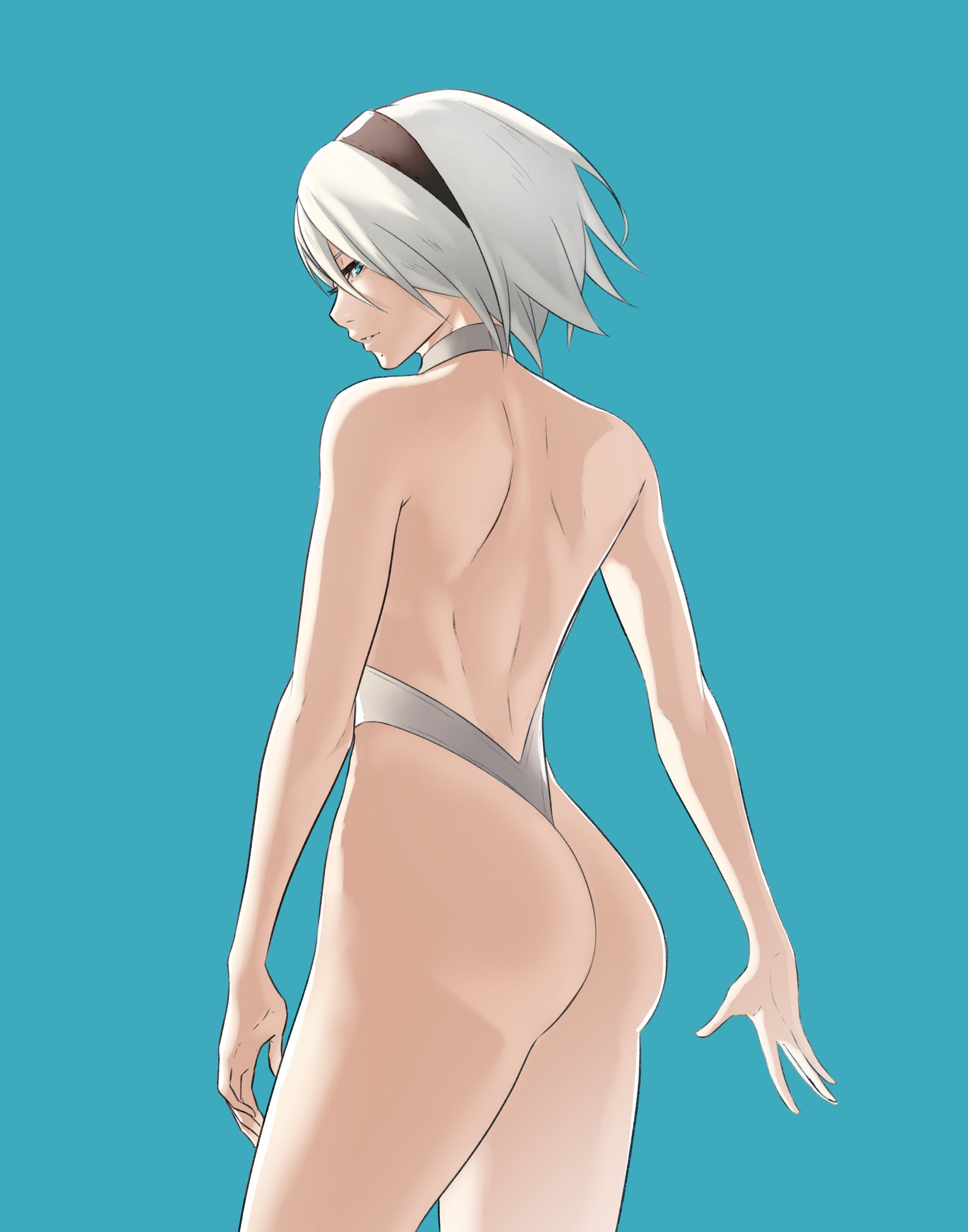 1girls, alternate version available, ass, back, back view, bare back, bare thighs, big ass, blue background, blue eyes, female, female only, looking at viewer, looking back, nier, nier (series), nier: automata, pomelomelon, short hair, silver hair, solo, thighs, yorha 2b