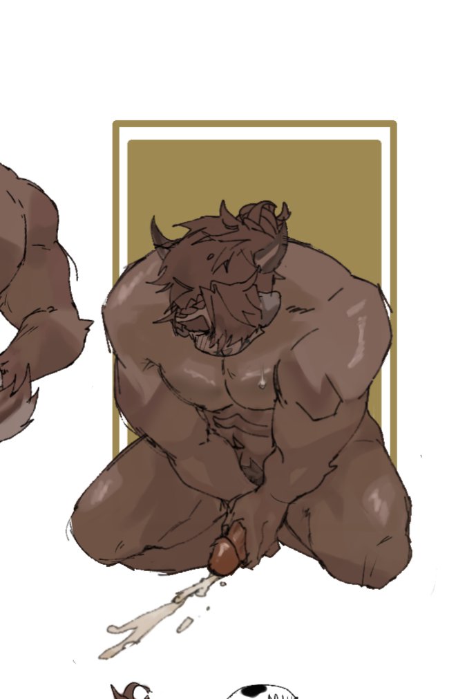 abs anthro bodily_fluids brown_body brown_fur brown_hair catoblepas_(tokyo_afterschool_summoners) cum erection fur gao_53937056 genital_fluids genitals hair horn lifewonders male masturbation muscular muscular_anthro muscular_male orgasm pecs penis solo tokyo_afterschool_summoners video_games