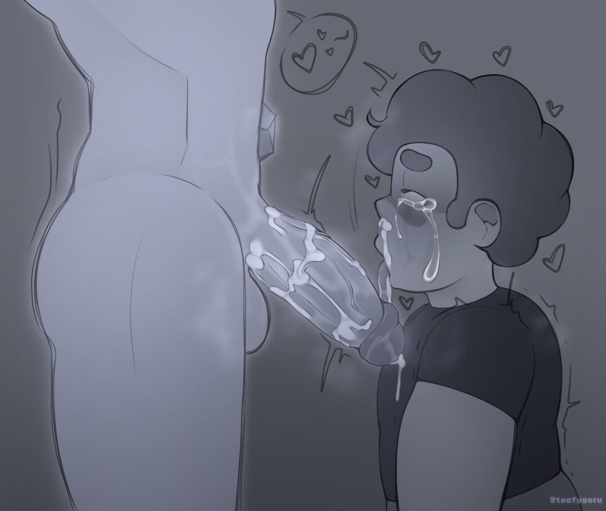 2boys, 2d, after oral, after orgasm, after sex, ahe gao, balls, big penis, blush, clothed, clothed/nude, clothing, crying, cum, cum in mouth, cum on face, cum on penis, duo, eyebrows, faceless male, flaccid, gay, gem (species), genital fluids, genitals, hair, half-closed eyes, heart, hearts, kneeling, looking pleasured, looking up, male, male on male, male only, male/male, monochrome, motion lines, narrowed eyes, nude, oral penetration, penis, pink steven, plants, pleasure face, saliva, shirt, steven quartz universe, steven universe, tears, tears of pleasure, thighs, tongue, tongue out, toofygoru, upper body