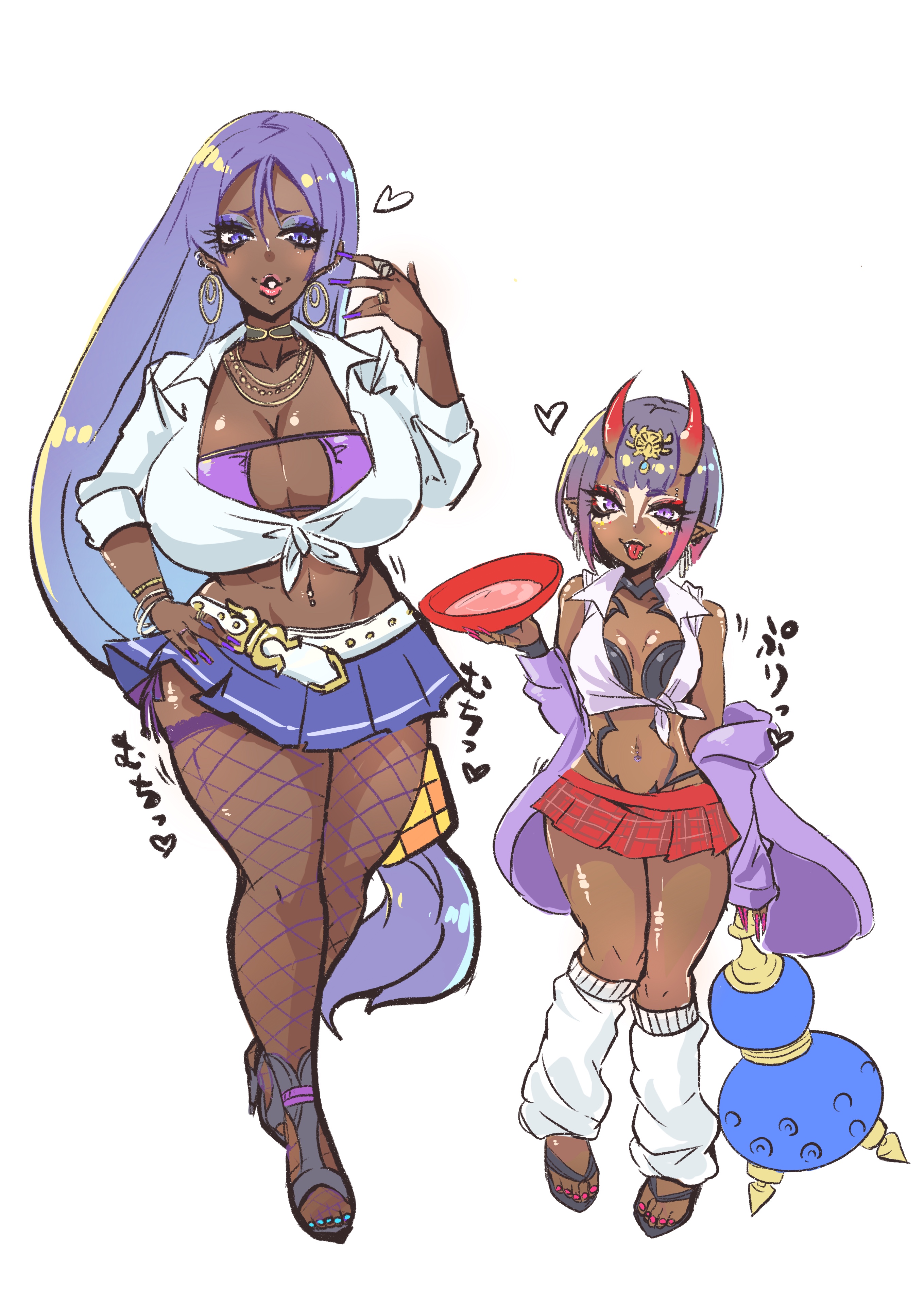 2girls, alternate outfit, alternate skin color, bimbo, breasts, color, dark skin, dark-skinned female, duo, earrings, eyepatch bikini, fate (series), female, female only, fishnet, ganguro, gyaru, hand on hip, height difference, huge breasts, jewelry, kimuko, lips, long hair, minamoto no raikou (fate), multiple females, multiple girls, nail polish, navel, navel piercing, neckwear, open toe shoes, painted nails, painted toenails, purple fingernails, purple hair, revealing clothes, shuten douji (fate), simple background, skirt, thick thighs, tied shirt, toenail polish, tongue, white background, wide hips