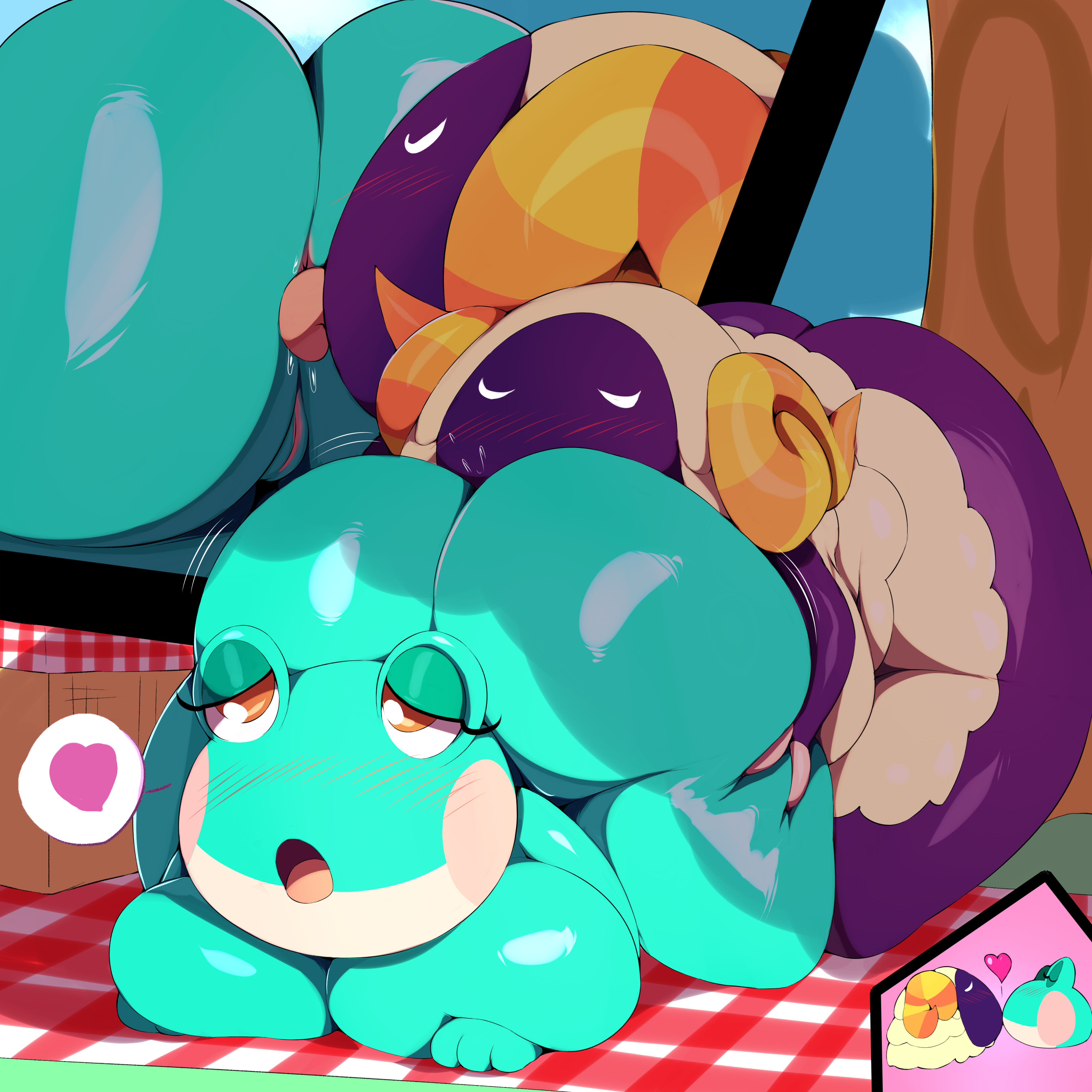 2020, 2girls, adorable, alternate version available, anal, anilingus, animal crossing, anus, ass, big ass, big breasts, big butt, blush, breasts, close-up, closed eyes, cute, cute face, female, female/female, frog, from behind, fur, green body, green skin, heart, horns, huge ass, interspecies, kissing, lesbian, licking, licking ass, lily (animal crossing), love, multiple females, multiple girls, nintendo, nude, open mouth, oral, oral sex, picnic, pussy, rimjob, rimming, sex, sheep, source request, spoken heart, thick thighs, thighs, tongue, tongue out, trinity-fate62, vesta (animal crossing), video games, white fur, wide hips, yuri