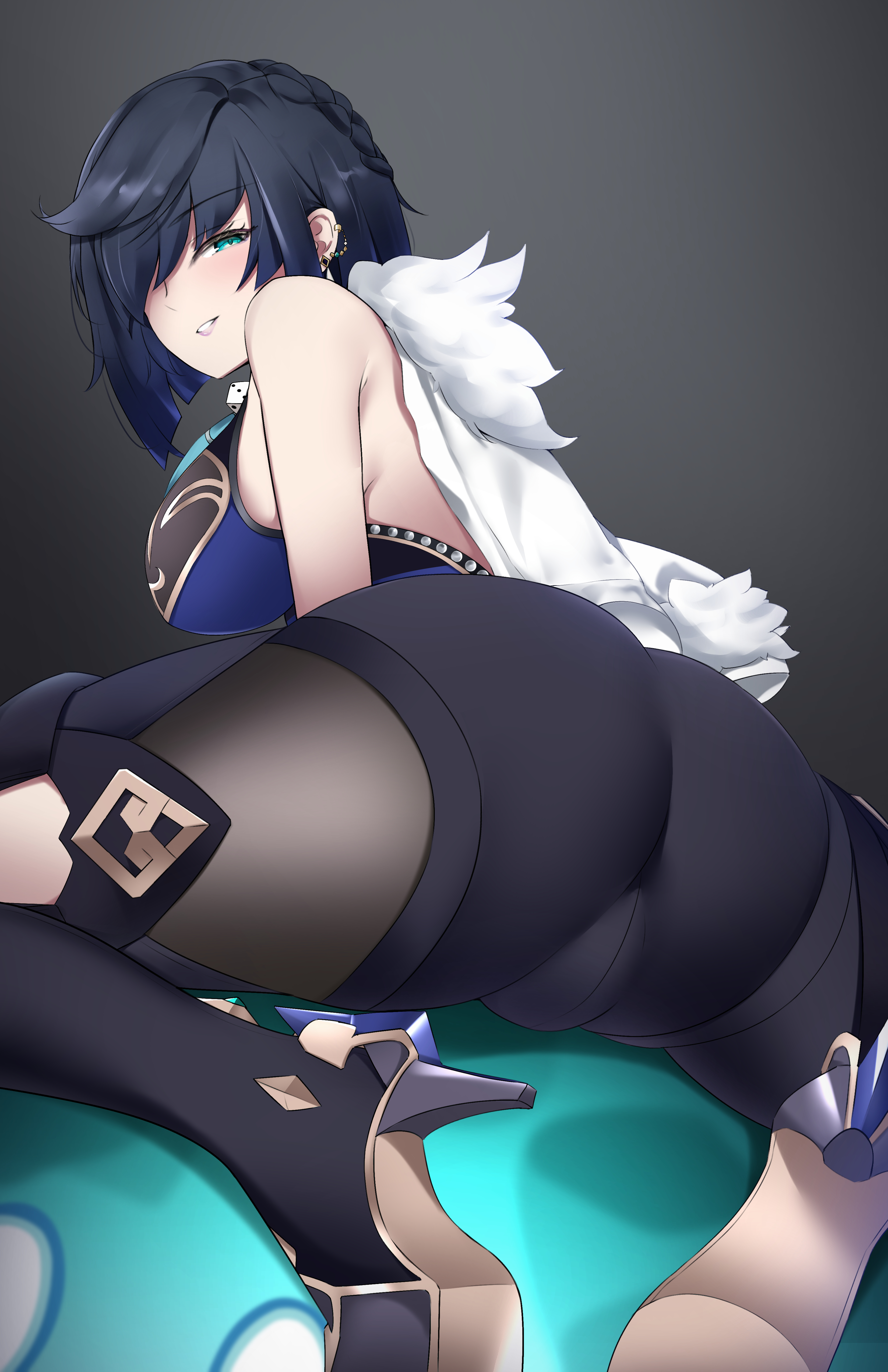 1girls, 2022, absurd res, ass, ass focus, back, back view, breasts, bubble ass, bubble butt, cameltoe, female, female only, genshin impact, green eyes, hair over one eye, hi res, high heel boots, high heels, huge breasts, kysizzle, large ass, light skin, light-skinned female, looking at viewer, looking back, looking over shoulder, pussy, short hair, sideboob, slime (genshin impact), smile, thick thighs, thighs, tight clothing, tight fit, yelan (genshin impact)