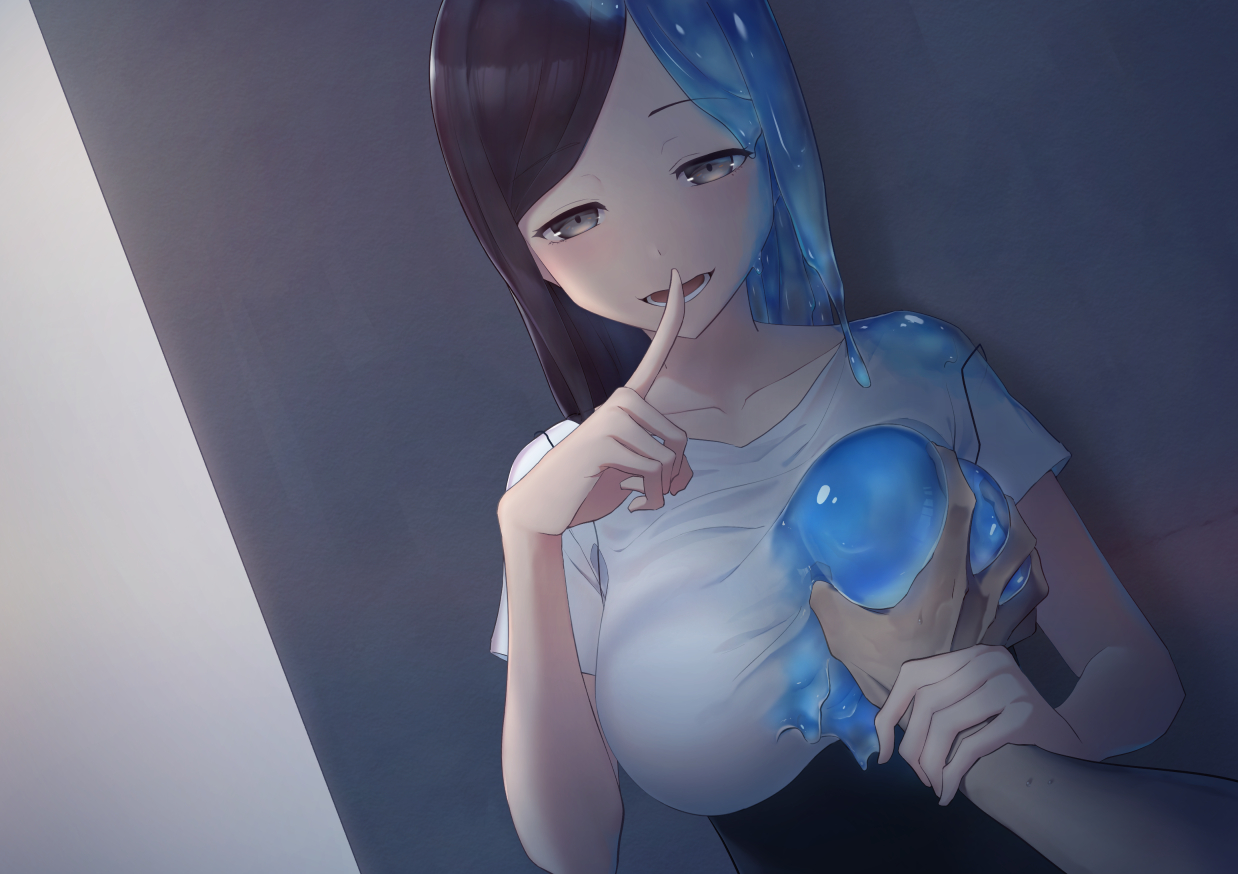 1girls, big breasts, breast grab, breasts, clothed, clothing, daruzenon, female, female only, fully clothed, grabbing, grabbing breasts, hekirake, rakuukrk, shushing, slime, slime girl, solo, tagme
