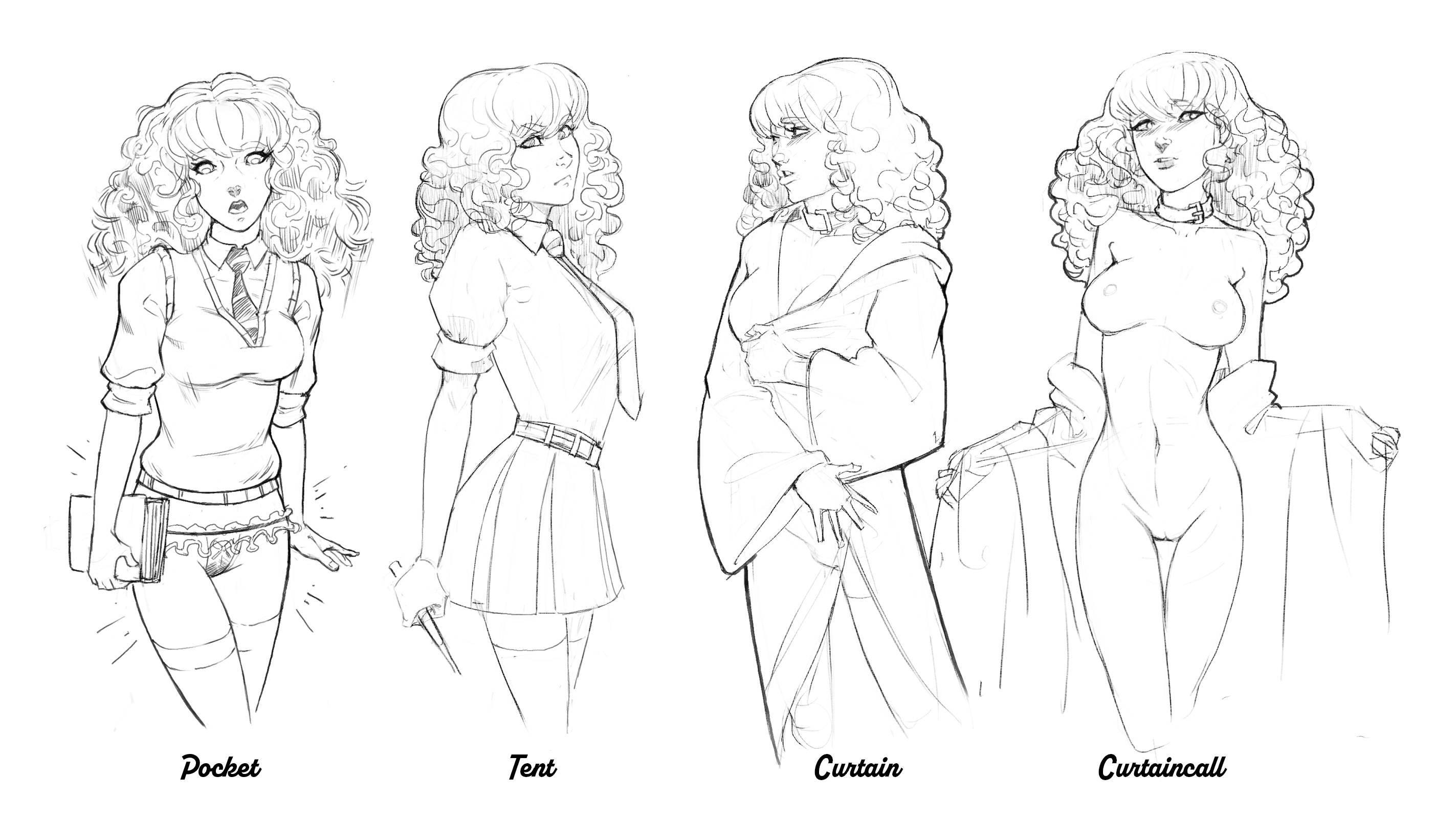1girls, belt, black and white, book, breasts, cleavage, collar, covering, covering breasts, covering self, curly hair, curtain call challenge, disclaimer, english text, fantasy, female, female only, front view, functionally nude, gryffindor, gryffindor tie, harry potter, hermione granger, hogwarts robe, holding book, holding object, holding wand, holding weapon, human, human only, long hair, looking at viewer, magic user, miniskirt, monochrome, multiple outfits, multiple poses, necktie, neckwear, nipples, no color, no pants, nude, nude female, open clothes, open robe, panties, partially clothed, presenting, pussy, ranged weapon, robe, rope, shaved pussy, shirt, shocked, side view, sketch, skirt, sleeves rolled up, socks, solo, solo female, standing, stockings, text, thigh socks, thighhighs, thong, underwear, wand, weapon, white socks, witch (harry potter), wizarding world