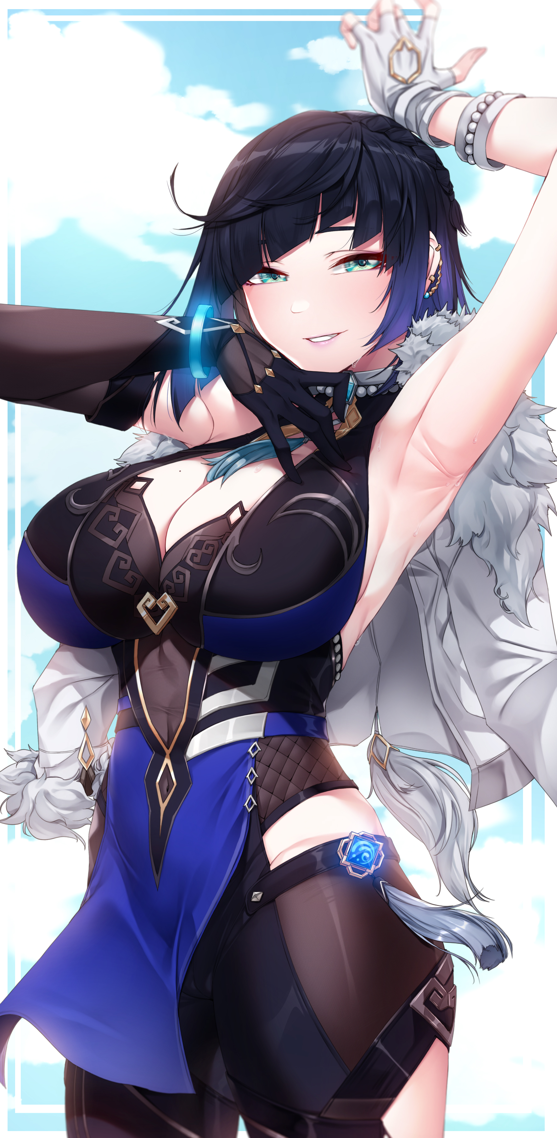 1girls, 2022, akchu, armpits, arms behind head, arms up, blush, breasts, cleavage, female, female only, genshin impact, green eyes, hair over one eye, hi res, hips, huge breasts, looking at viewer, naughty face, outdoors, short hair, slim waist, smile, thick thighs, thighs, wide hips, yelan (genshin impact)