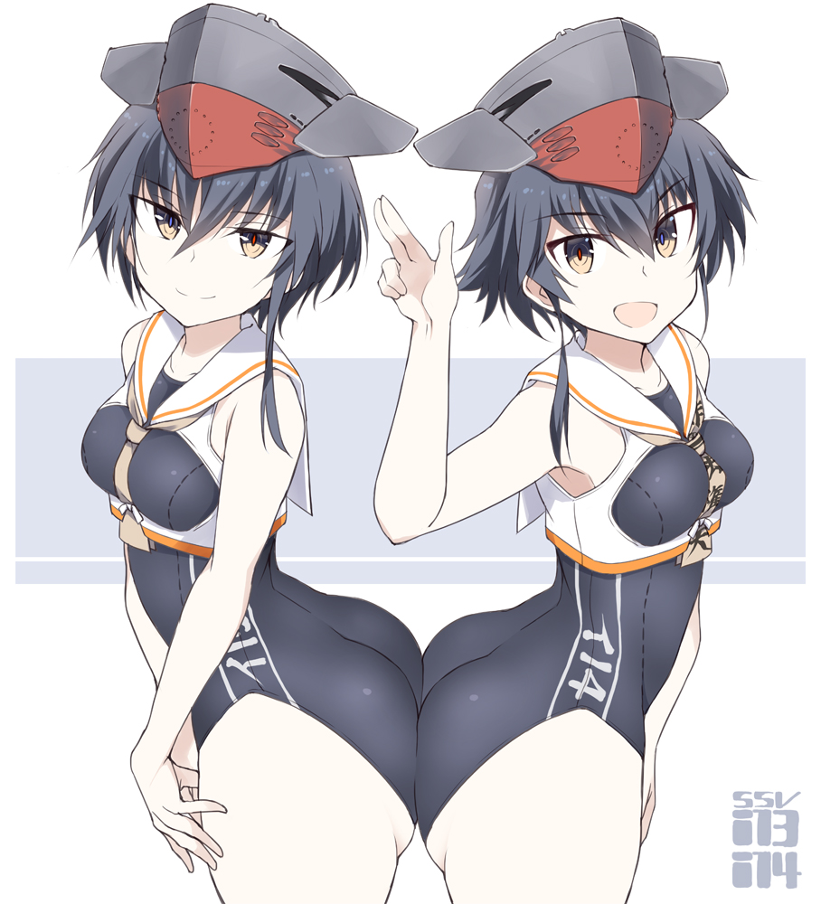 2girls :d ass ass-to-ass asymmetrical_hair black_hair black_swimsuit brown_eyes character_name cowboy_shot eyebrows_visible_through_hair hair_between_eyes hat i-13_(kantai_collection) i-14_(kantai_collection) kantai_collection multiple_girls neckerchief one-piece_swimsuit open_mouth sailor_collar sailor_shirt school_swimsuit shigino_sohuzi shirt short_hair sisters sleeveless sleeveless_shirt smile swimsuit twins white_sailor_collar