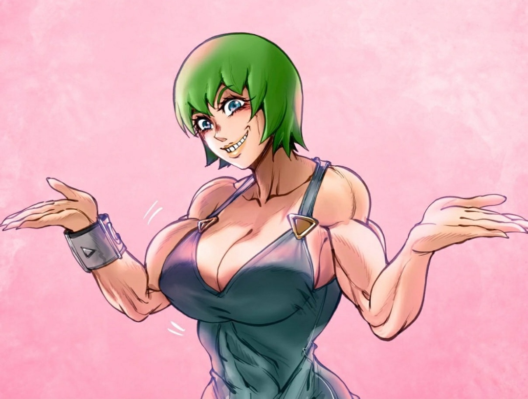 artist request, big breasts, breasts, female, foo fighters, green hair, grey eyes, jojo's bizarre adventure, muscular, muscular female, stone ocean
