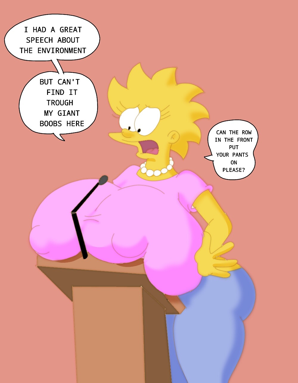 1girls aged_up alternate_breast_size ass blonde_hair breast breasts_on_podium english_text female female_focus female_only jeans large_breasts lisa_simpson looking_down maxtlat microphone necklace nipple_bulge podium text the_simpsons thighs yellow_body yellow_skin