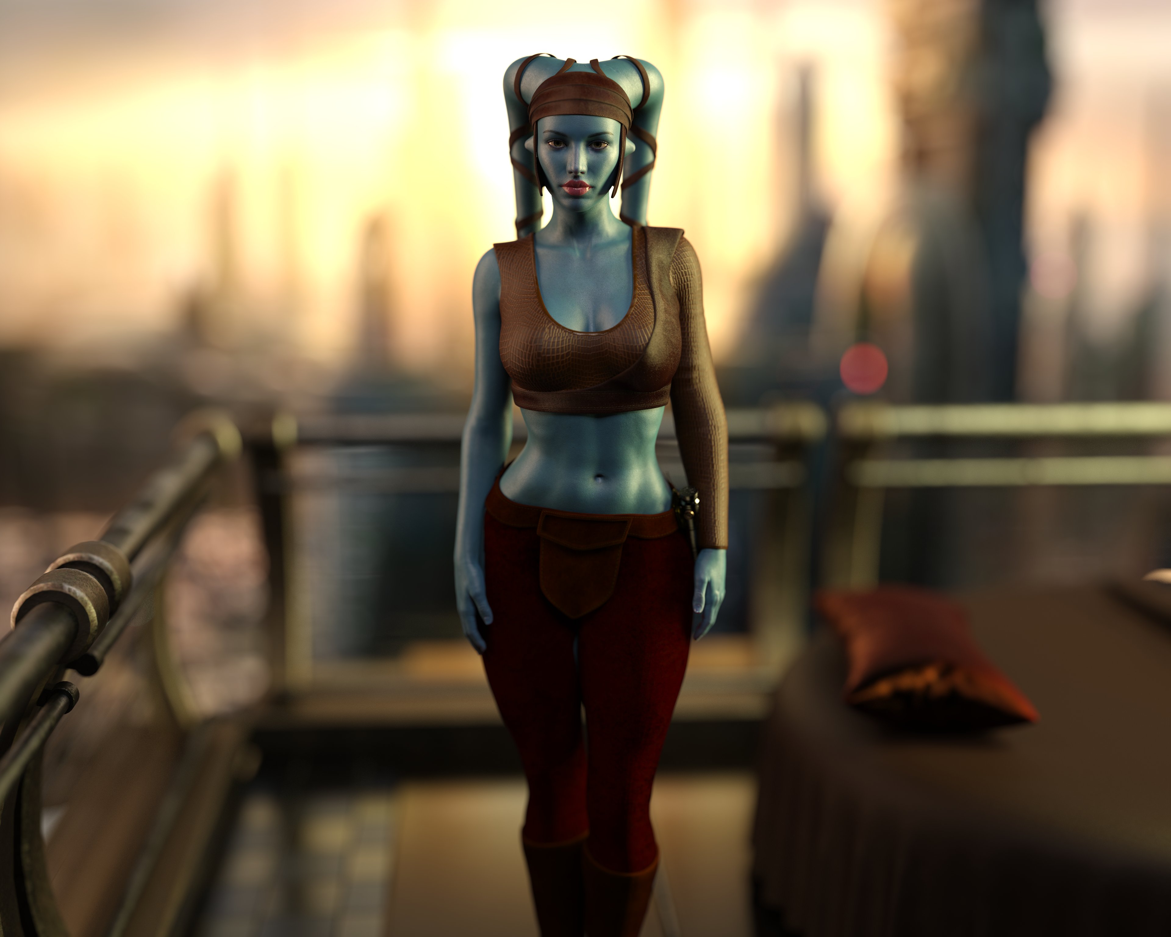 1girls, 3d, 3d (artwork), aayla secura, alien, alien girl, athletic, athletic female, blue skin, blue-skinned female, blurry background, breasts, city background, cleavage, clothed, drinkerofskies, facing viewer, female, female only, female protagonist, fit, fit female, fully clothed, humanoid, indoors, jedi, large breasts, lekku, looking at viewer, posing, sfw, solo, solo female, star wars, twi'lek