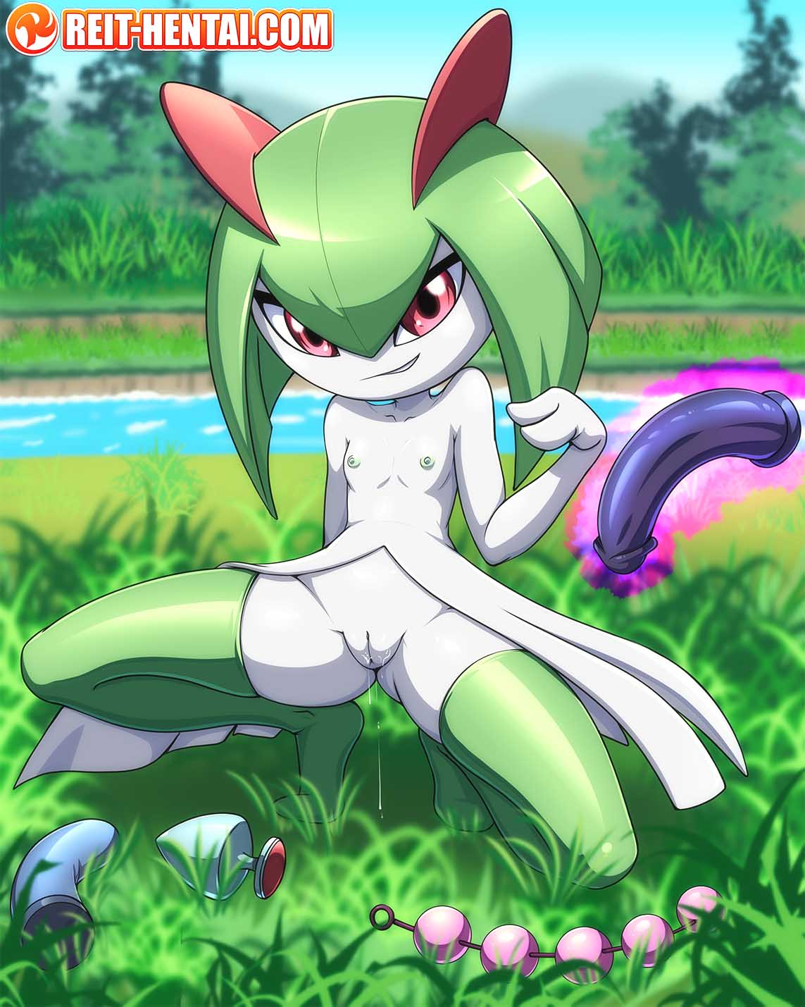 breasts, dildo, female, grass, green hair, kirlia, looking at viewer, nintendo, pokemon, pokemon (species), pokemon species, psychic, psychic powers, pussy, red eyes, reit, sex toy, small breasts, smaller female, smirk, tagme, watermark, wet, wet pussy, white skin