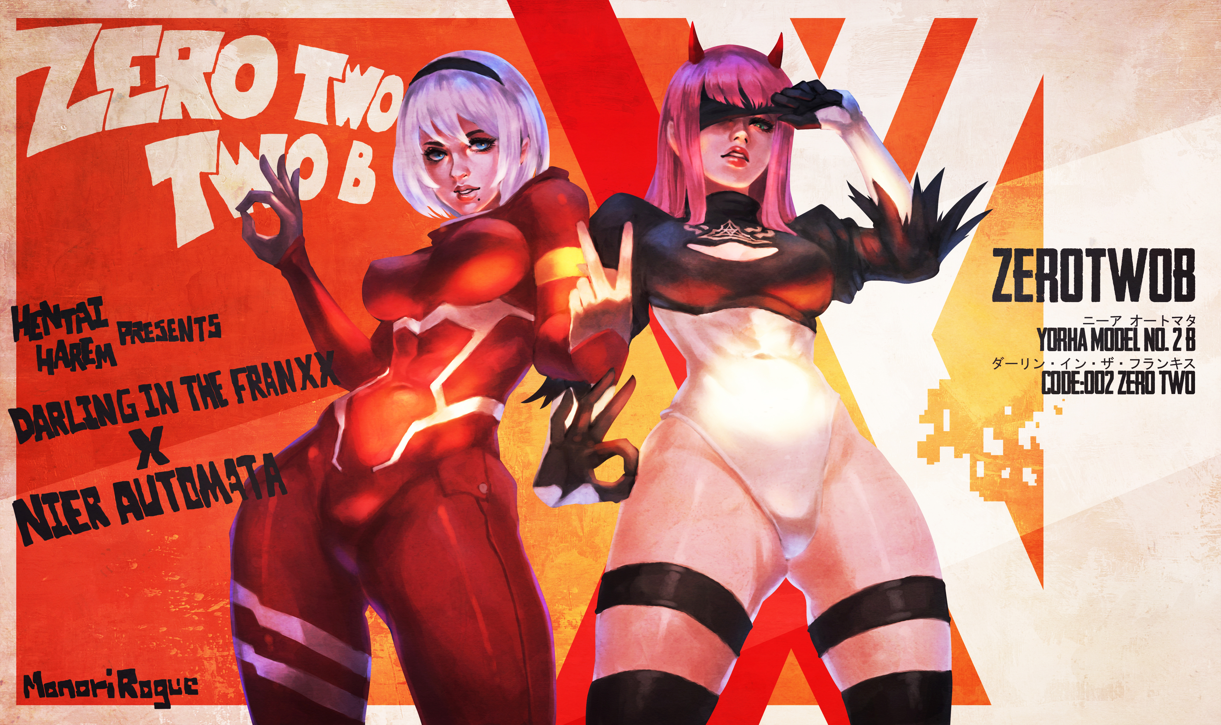 ass, big ass, big breasts, blindfold, blue eyes, breasts, crossover, curvaceous, curvy, darling in the franxx, english text, female, green eyes, horns, imminent sex, japanese text, leotard, looking at viewer, mole, monorirogue, nier, nier: automata, nipples, nipples visible through clothing, ok sign, pilot suit, pink hair, realistic, silver hair, smile, smug, text, thick thighs, thighs, v, voluptuous, yorha 2b, yorha 2b (cosplay), zero two (darling in the franxx), zero two (darling in the franxx) (cosplay)