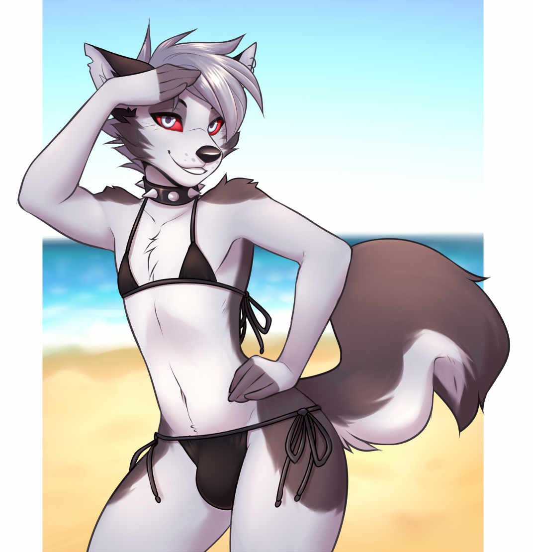 anthro, beach, bikini, bikini bottom, bikini top, black ears, black nose, bulge, canid, canid demon, canine, clothed, clothing, collar, crossdressing, demon, detailed background, digital media (artwork), ear piercing, femboy, fingerless (marking), ftm crossgender, fur, furry, furry only, gender transformation, genderswap, genderswap (ftm), girly, hair, hand on hip, hellhound, helluva boss, hi res, locke (disambiguation), lockworkorange, looking at viewer, loona (helluva boss), male, male loona, male only, mammal, multicolored body, notched ear, piercing, portrait, red sclera, rule 63, seaside, side-tie bikini, silver hair, smile, smiling at viewer, solo, spiked collar, spikes, string bikini, swimsuit, swimwear, tail, three-quarter portrait, transformation, two-tone body, two-tone tail, white eyes, white inner ear