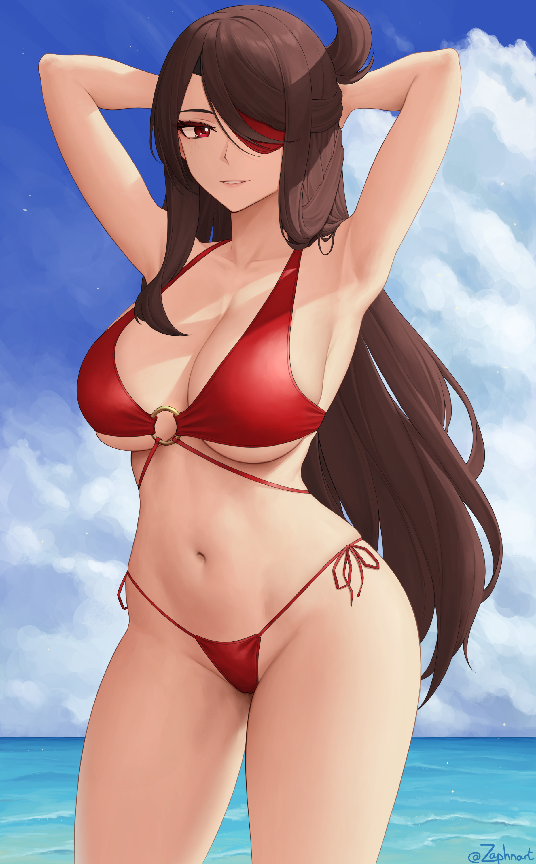 1girls, 2022, armpits, arms behind head, arms up, artist signature, beach, beidou (genshin impact), bikini, breasts, brown hair, eyepatch, female, female only, genshin impact, hi res, hips, huge breasts, long hair, outdoors, red eyes, side-tie bikini, slim waist, smile, thick thighs, thighs, wide hips, zaphn