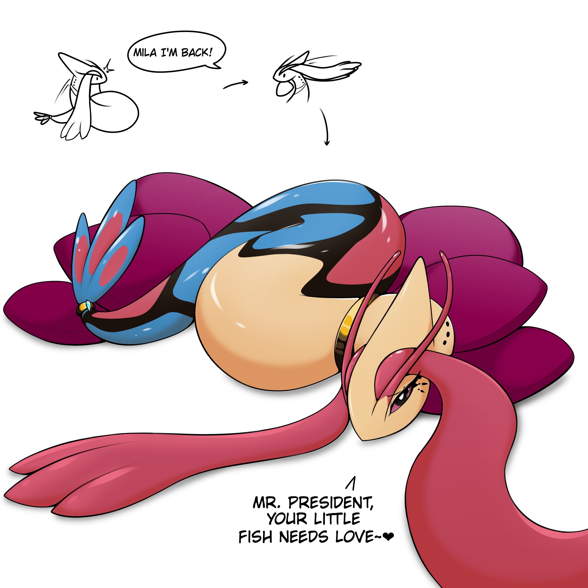 dialogue, eyelashes, female, female only, female pokemon, feral, fins, game freak, heart, light skin, long tail, mila (president alexander), milotic, necklace, nintendo, no background, pillow, pillows, pink eyes, pokémon (species), pokemon, pokemon (species), pokemon only, president alexander, red hair, serpentine, simple background, speech bubble, tail