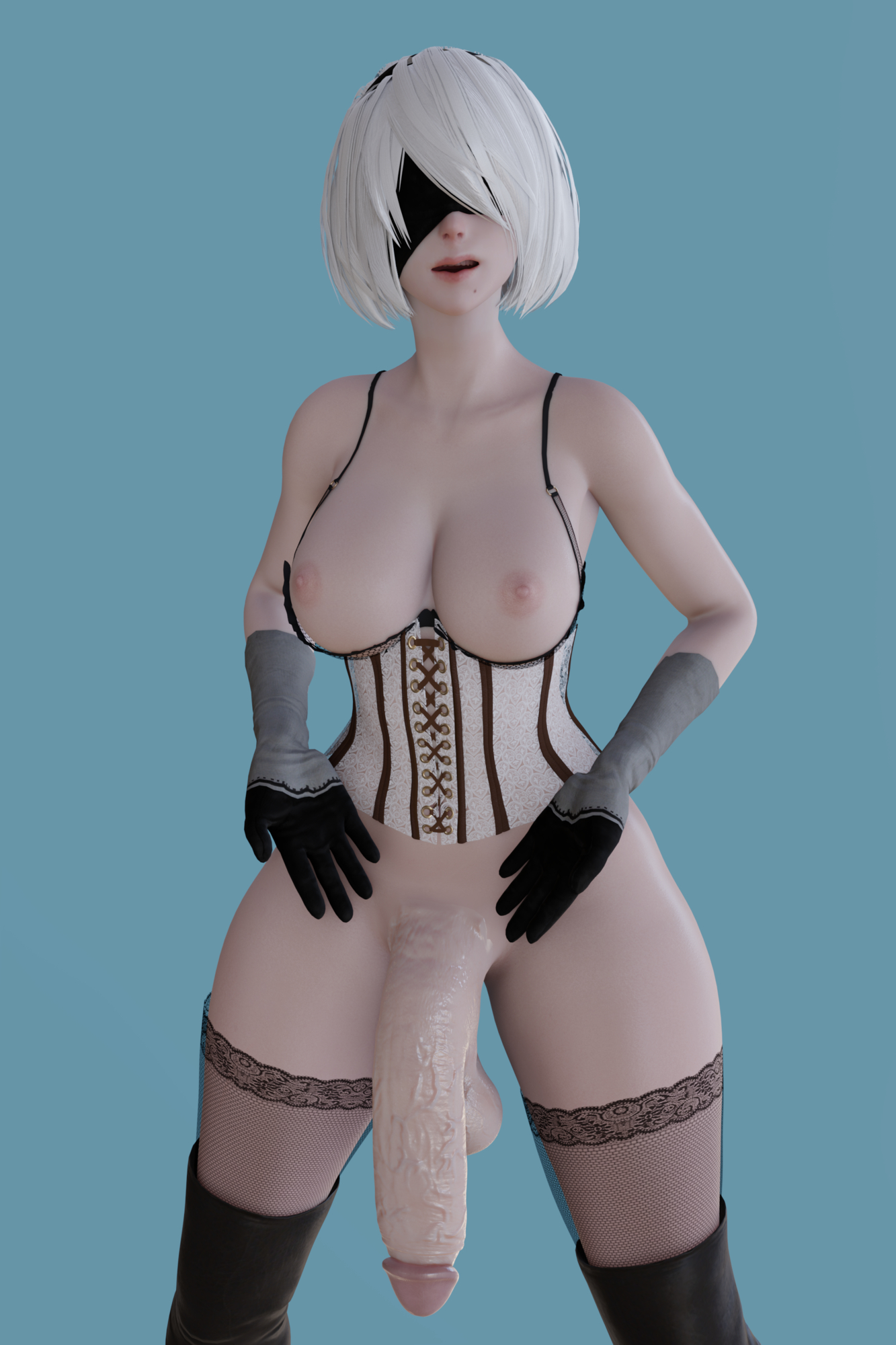 1futa, 3d, areolae, balls, big balls, big penis, blindfold, blue background, breasts, flaccid, futa only, futanari, huge balls, huge cock, intersex, light skin, light-skinned futa, nier, nier: automata, nipples, nude, nude futa, penis, sisalik, solo, solo futa, standing, testicles, white hair, yorha 2b